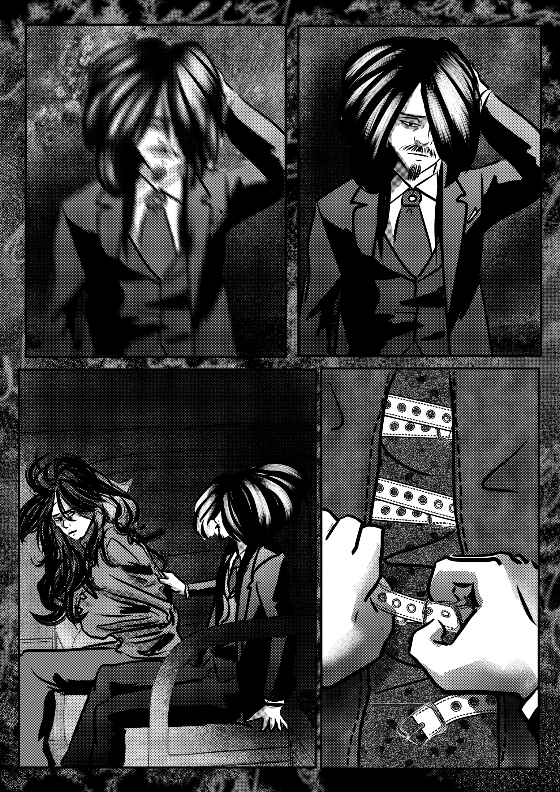 Visual Content and Narrative Context: A dramatic black-and-white comic page from Chapter 1 of Mefisto. The scene depicts Mefisto entering the isolation cell of the Hunter of Hell to release him from his restraints. Top Left Panel: A blurred, out-of-focus shot of Mefisto adjusting his long, dark hair, suggesting his movement into the room. Top Right Panel: A sharp, clear medium shot of Mefisto in his formal suit, looking down with a somber or calculating expression as he reaches behind his head. Bottom Left Panel: A wide shot of the cell. Mefisto sits on the edge of the cot behind the Hunter of Hell, who is restrained in a straitjacket. Mefisto is leaning forward, reaching for the buckles on the Hunter's back. Bottom Right Panel: An extreme close-up of Mefisto’s hands. He is focused on unbuckling the heavy leather straps of the straitjacket, symbolizing the transition from prisoner back to the "Hunter of Hell". Full Dialogue Transcription: (This page contains no dialogue; the narrative is driven entirely by visual storytelling and the heavy atmosphere of the cell.)