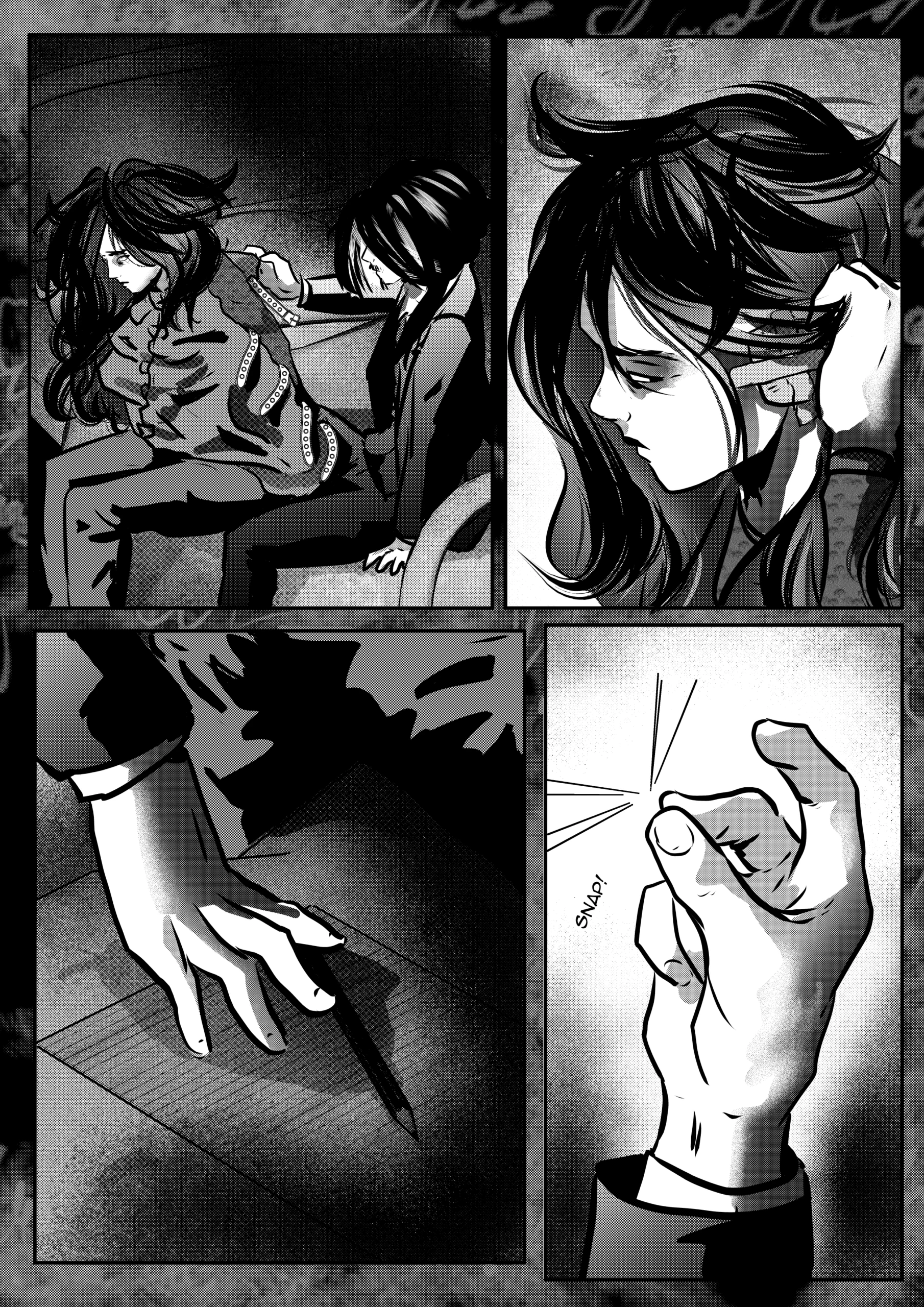 Visual Content and Narrative Context: A black-and-white comic page depicting the final moments of the Hunter of Hell's physical confinement as Mefisto completes his release. Top Left Panel: Mefisto is seen from behind, leaning over the Hunter of Hell on a cot, finishing the task of unfastening the numerous white leather straps of the straitjacket. Top Right Panel: A profile close-up of the Hunter of Hell. His long, dark hair is disheveled, and his expression is one of exhaustion and hollow resignation as the weight of the restraints is finally lifted. Bottom Left Panel: A close-up of a hand firmly pinning a piece of paper to a desk with a pencil, suggesting the official recording or signing of an administrative order following the release. Bottom Right Panel: An iconic close-up of Mefisto’s hand snapping his fingers. The English onomatopoeia "SNAP!" appears next to the fingers, signifying a sudden, authoritative, or supernatural shift in the scene's reality. Full Dialogue Transcription: Sound Effect (Bottom Right): "SNAP!"