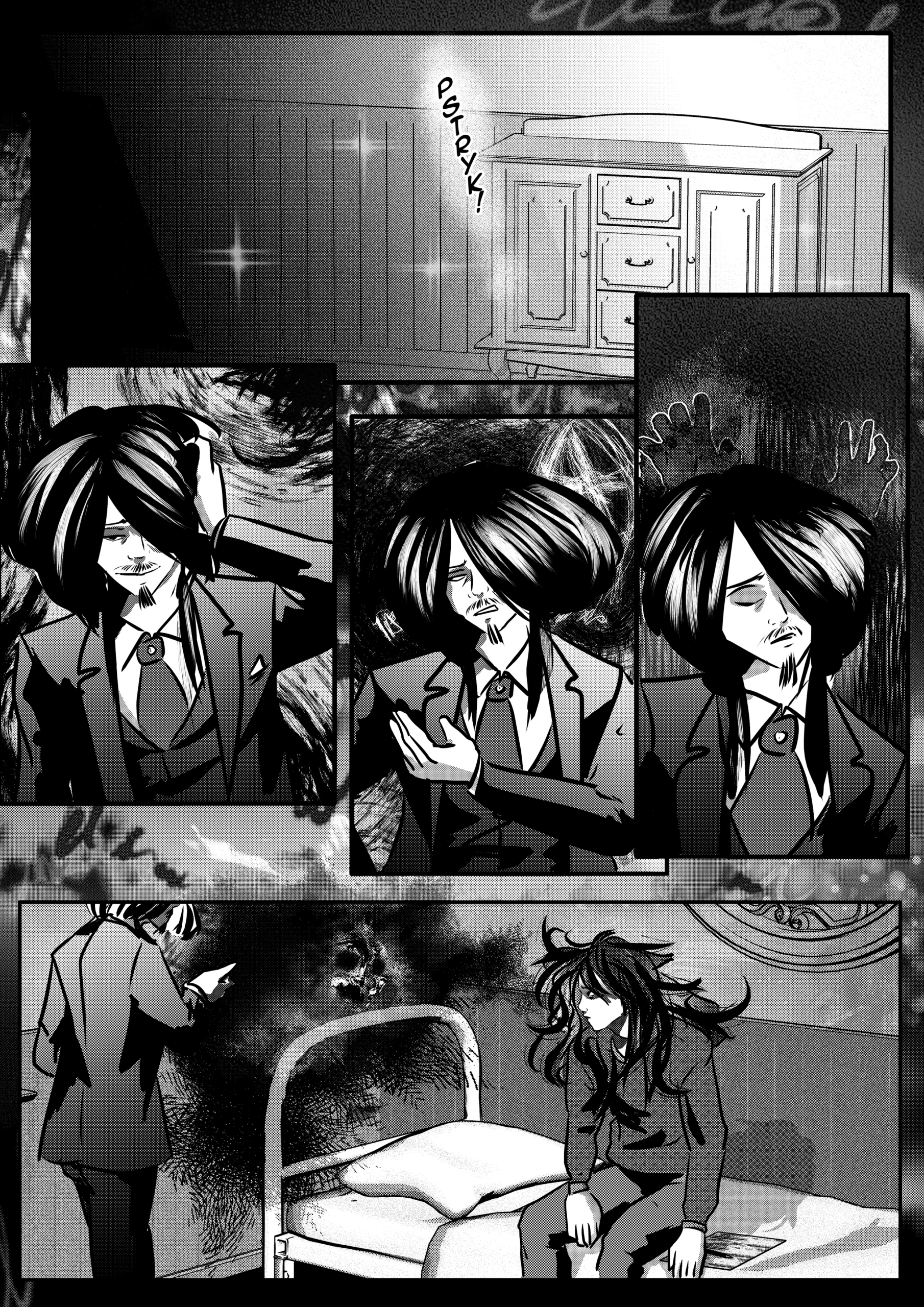 Visual Content and Narrative Context: A surreal black-and-white comic page depicting a shift in reality or a psychological hallucination within a cell. Top Panel: A wide shot of a wooden dresser in the cell, accompanied by the floating sound effect "PSTRYK!" (Snap!). Middle Panels: Three sequential close-ups of Mefisto. He is seen adjusting his hair, looking down with a somber expression, and finally closing his eyes as shadowy, ghostly hands appear behind him against a dark, swirling background. Bottom Panel: A wide shot showing Mefisto standing near a bed while a dark, smoky entity or hallucination manifests in the center of the room. The Hunter of Hell remains seated on the cot, looking toward the manifestation with a stunned or hollow expression. Full Dialogue Transcription: Sound Effect (Top): "PSTRYK!"