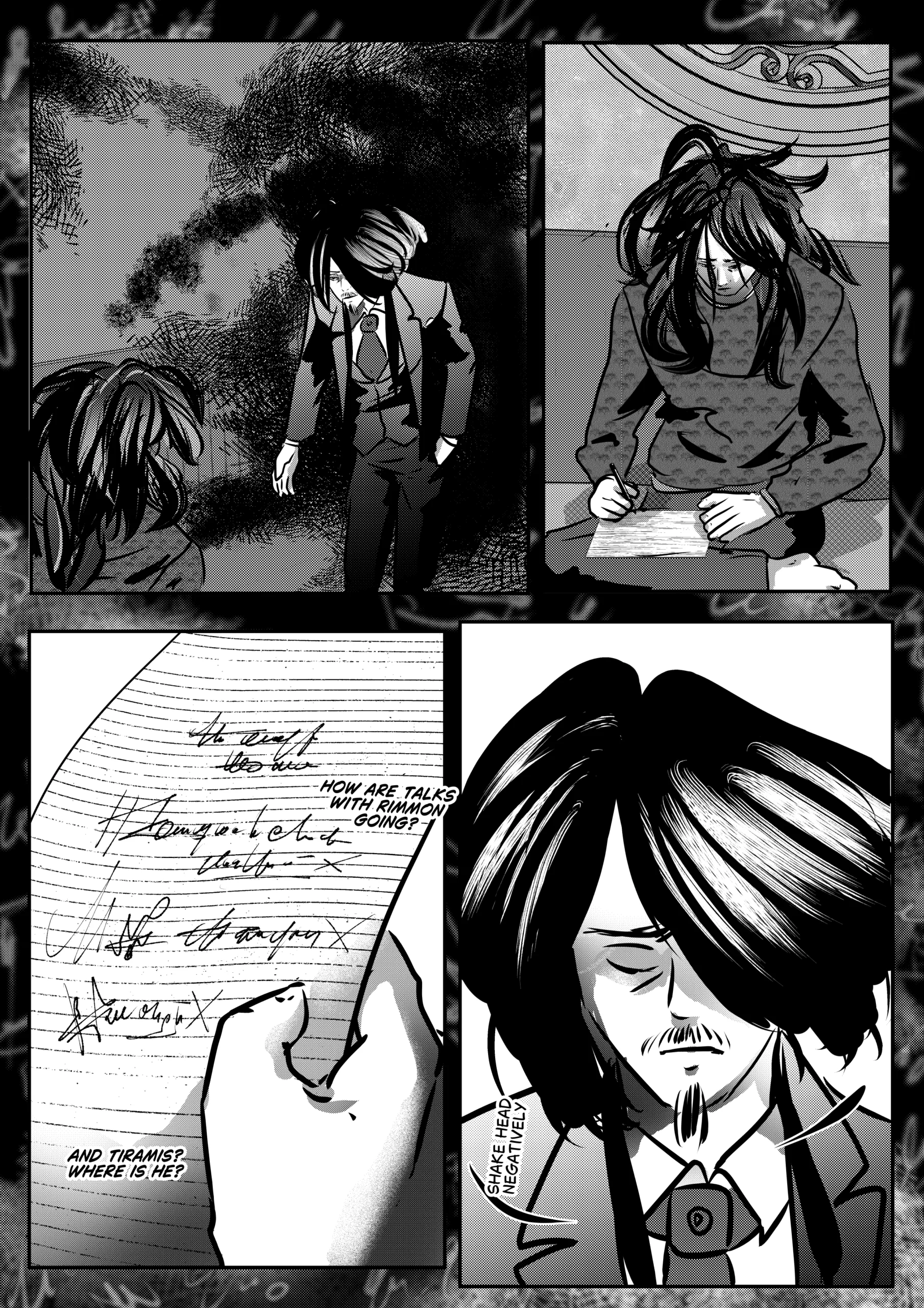 Visual Content and Narrative Context: A black-and-white comic page from Chapter 1 of Mephisto: His Majesty the Black Eminence. The scene depicts Belz, the Hunter of Hell, seated in his cell and recording information on a notepad while Mephisto observes in silence. Top Left Panel: A wide shot shows Mephisto standing in the cell, his presence framed by a dark, swirling aura that fills the room. Top Right Panel: A high-angle shot focuses on Belz sitting on the floor, hunched over a lined notepad as he writes. Bottom Left Panel: A close-up of the notepad reveals a series of names written in a stylized hellish alphabet, with several lines aggressively crossed out with an "X". The English text provided on the page acts as a translation of this infernal script. Bottom Right Panel: A close-up of Mephisto’s face; he has his eyes closed and a caption indicates he is shaking his head negatively in response to the written inquiries. Full Dialogue Transcription (English Translation): Text on Paper (Bottom Left): "HOW ARE TALKS WITH RIMMON GOING?" Text on Paper (Bottom Left): "AND TIRAMIS? WHERE IS HE?" Note (Bottom Right): "SHAKE HEAD NEGATIVELY"