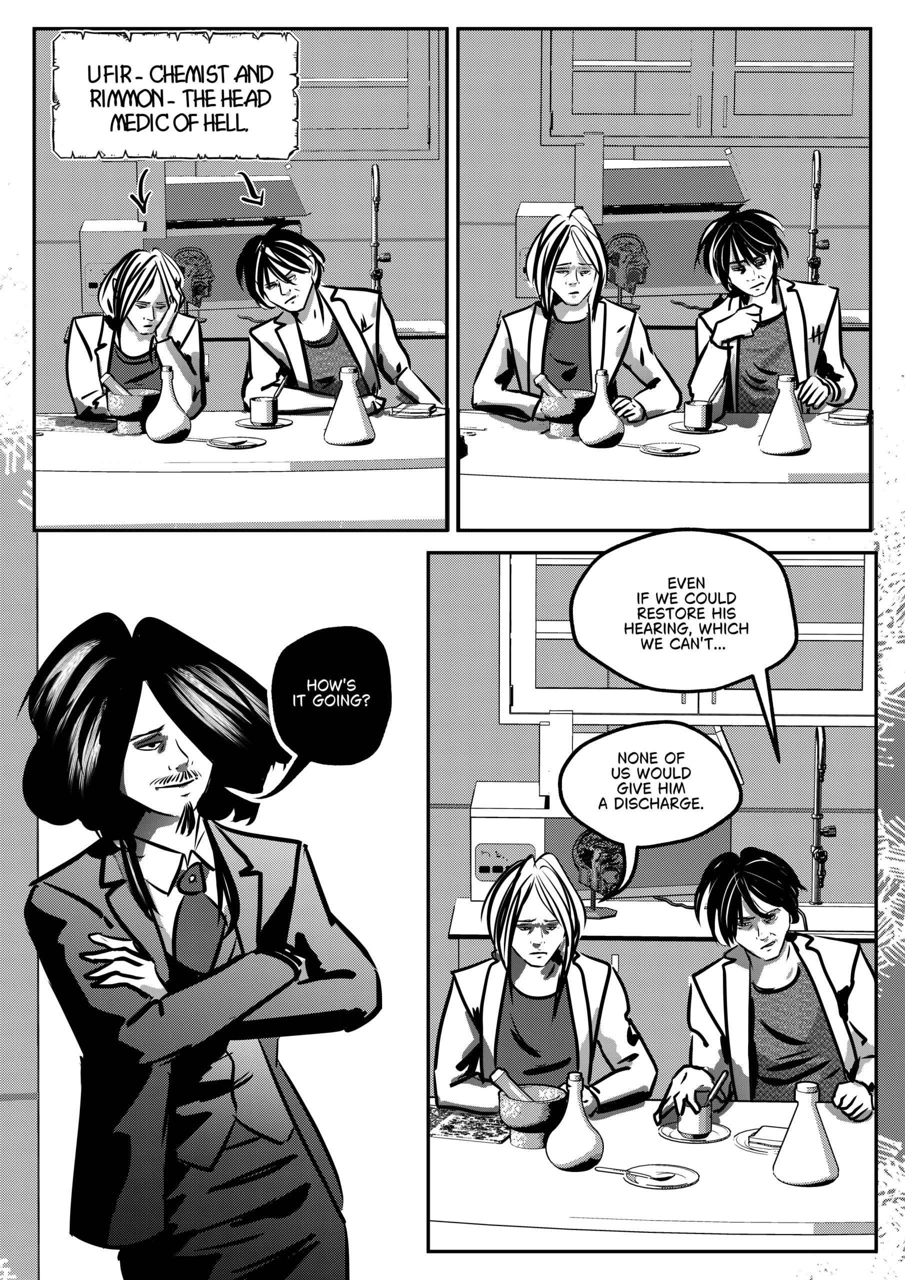 Visual Content and Narrative Context: A black-and-white comic page depicting an interaction in a laboratory or medical facility within Hell. Top Panels: Two specialists, Ufir (Chemist) and Rimmon (The Head Medic of Hell), are shown working at a lab bench covered in mortars, pestles, and flasks. They appear exhausted and somber as they grind substances and consult one another. Bottom Left Panel: Mephisto (The Black Eminence) stands with his arms crossed, leaning back with a confident but questioning expression, asking for a progress report. Bottom Right Panel: A wider shot of the lab shows Ufir and Rimmon looking down at their work while explaining the impossibility of the Hunter's recovery and their refusal to release him. Full Dialogue Transcription: Narration/Label: "UFIR - CHEMIST AND RIMMON - THE HEAD MEDIC OF HELL." Mephisto: "HOW'S IT GOING?" Rimmon (Head Medic): "EVEN IF WE COULD RESTORE HIS HEARING, WHICH WE CAN'T..." Ufir (Chemist): "NONE OF US WOULD GIVE HIM A DISCHARGE."