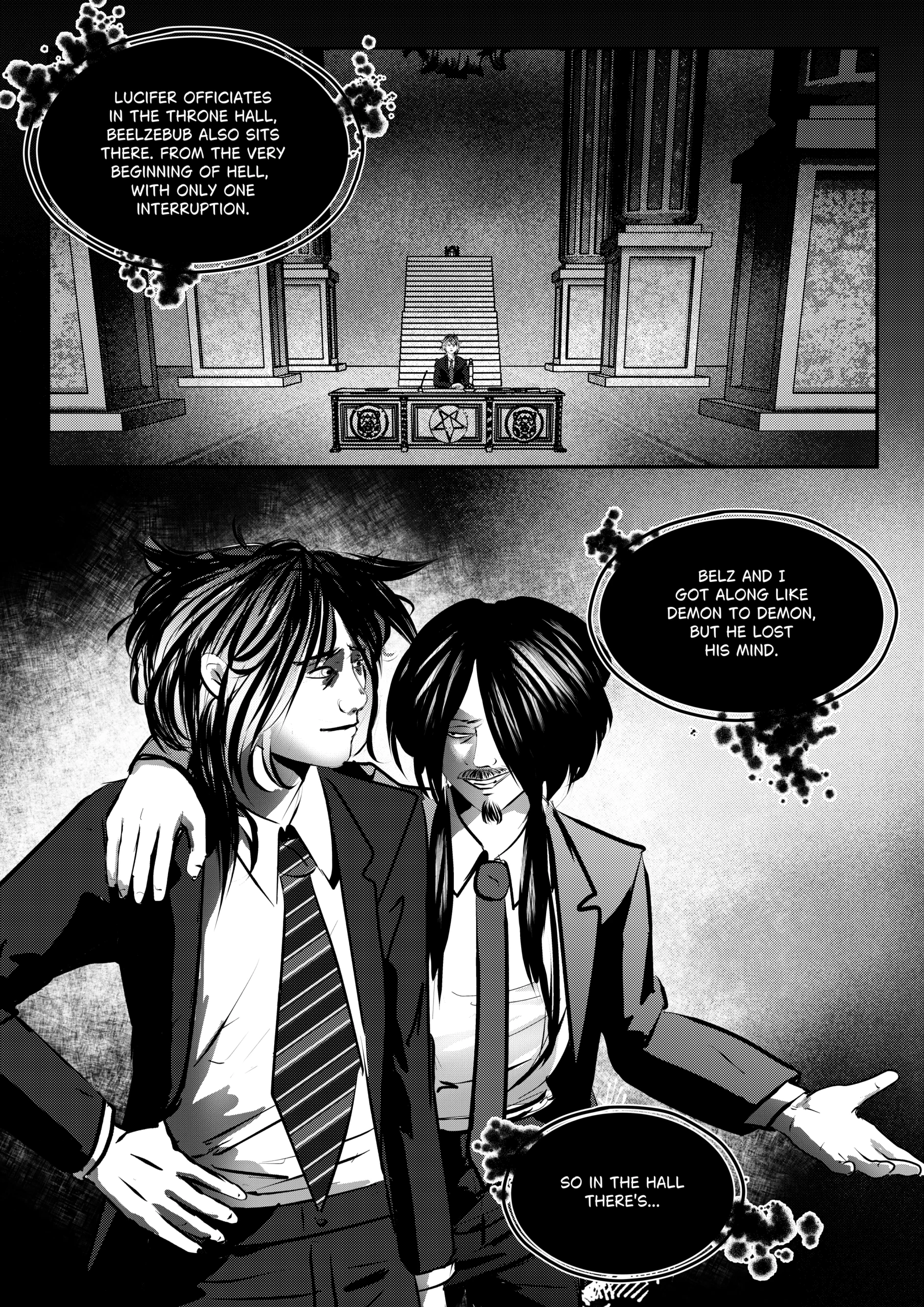 A two-panel black-and-white comic page from "Mephisto: His Majesty the Black Eminence." Top Panel: A wide shot of a massive, imposing corporate throne hall in Hell. A lone figure in a suit sits behind a large, ornate desk decorated with occult symbols and a pentagram, positioned in front of a giant, stepped dais. The room features towering pillars and a cold, institutional atmosphere. Bottom Panel: A medium shot of two demons in modern business suits. On the left, a character with long, messy dark hair and a striped tie leans in; on the right, a character with a goatee (Beelzebub) smiles enigmatically. The art style uses heavy screentone and high-contrast ink textures typical of a dark fantasy political thriller. Dialogue Transcription: "Lucifer officiates in the throne hall, Beelzebub also sits there. From the very beginning of Hell, with only one interruption." "Belz and I got along like demon to demon, but he lost his mind." "So in the hall there’s..."