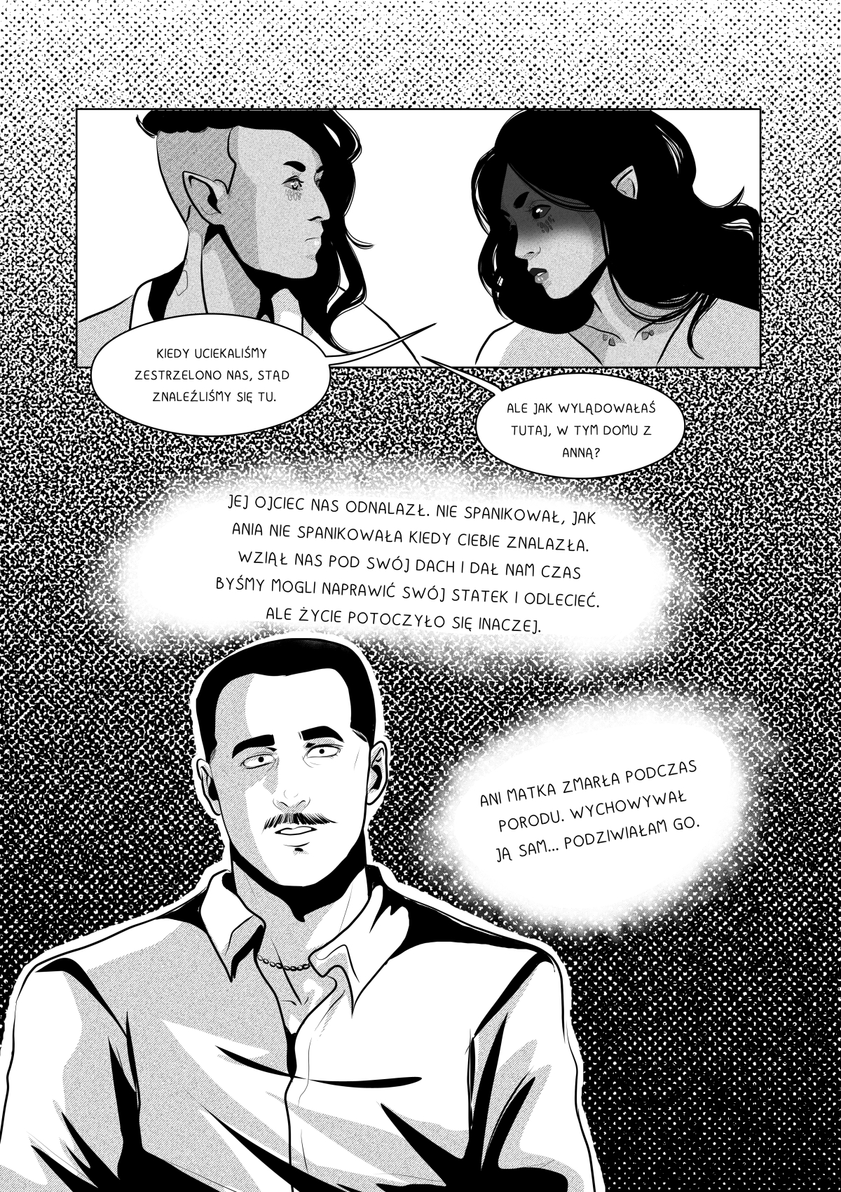 Czarno-białe strony komiksu &bdquo;My Own Alien&rdquo; przedstawiające retrospekcję z ojcem Anny, wyznanie Velshiny o przybraniu formy babci oraz naradę z Khanashayu dotyczącą ratowania chorej dziewczyny na Marsie.