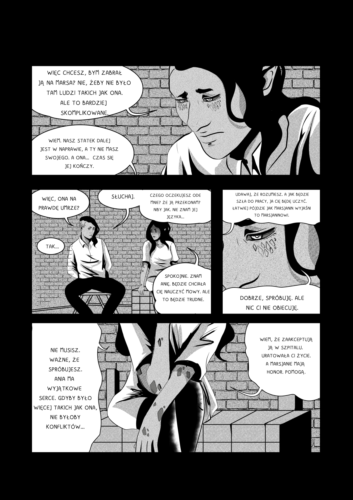 Czarno-białe strony komiksu &bdquo;My Own Alien&rdquo; przedstawiające retrospekcję z ojcem Anny, wyznanie Velshiny o przybraniu formy babci oraz naradę z Khanashayu dotyczącą ratowania chorej dziewczyny na Marsie.