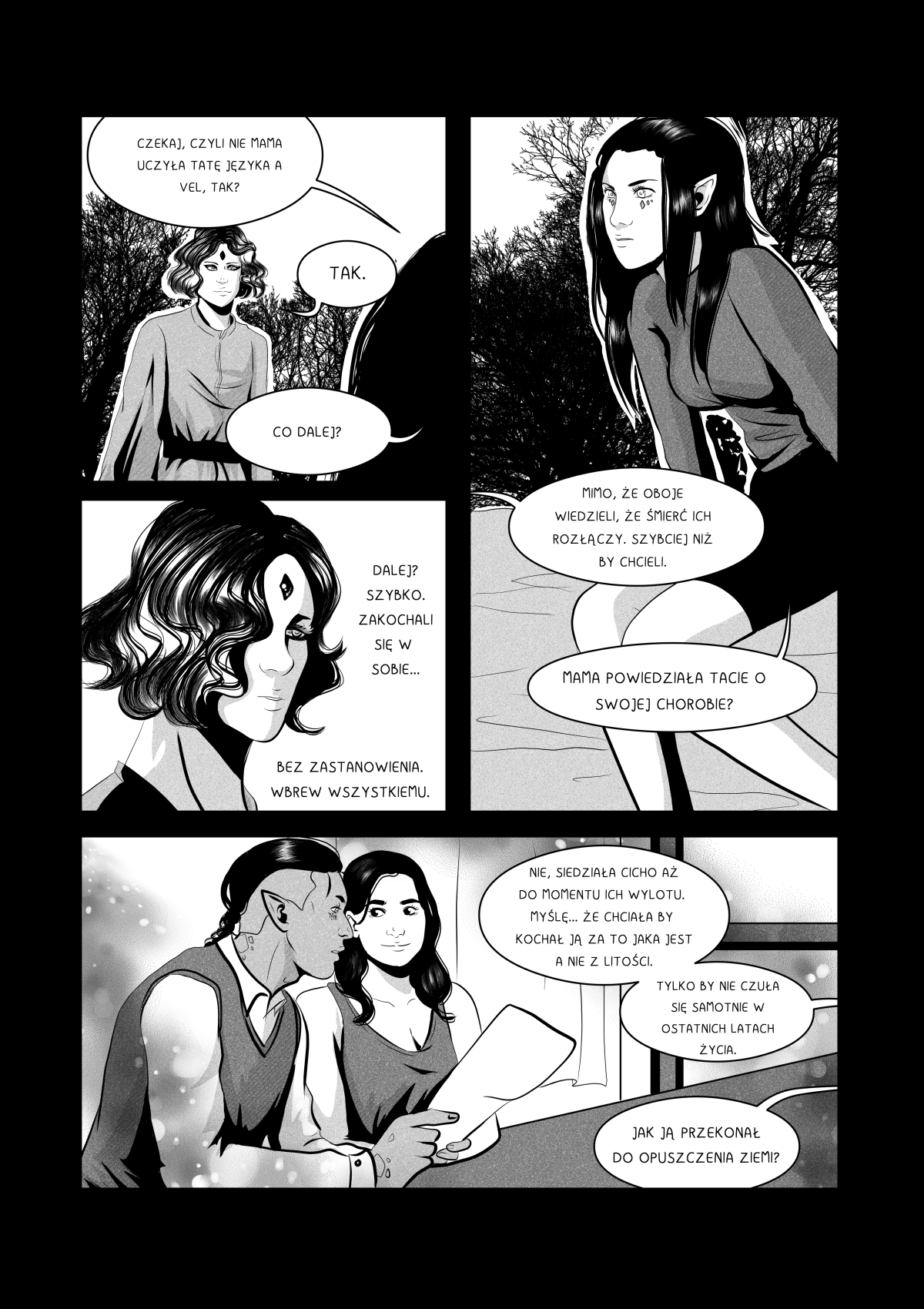 Czarno-białe plansze komiksu sci-fi &bdquo;My Own Alien&rdquo;, ukazujące uwolnienie Khanashayu przez Velshinę, retrospekcję romantycznego spotkania rodzic&oacute;w Anny przy oknie oraz scenę nakładania pierścionka zaręczynowego.