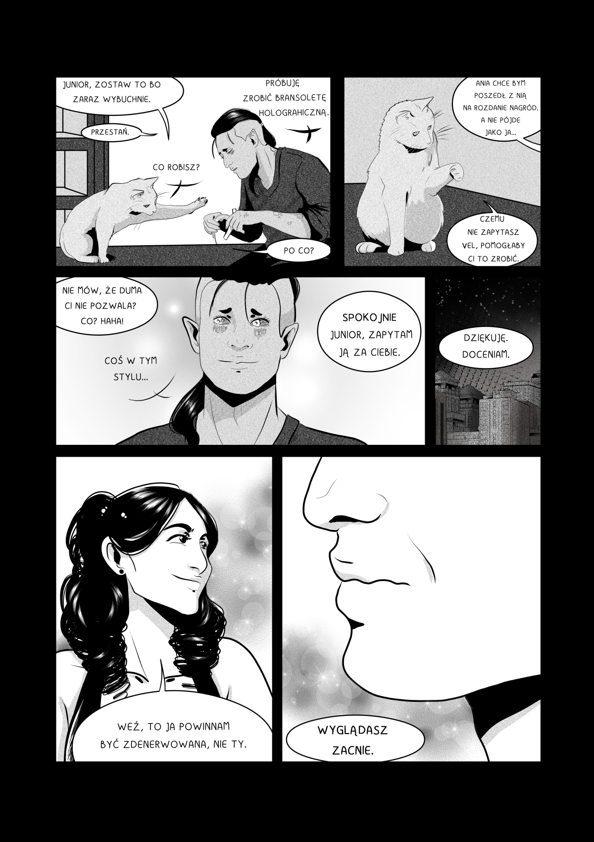 Czarno-białe plansze komiksu &bdquo;My Own Alien&rdquo; ukazujące Khanashayu pracującego nad bransoletą holograficzną oraz scenę z gali, gdzie w ludzkiej formie wyznaje miłość mamie Anny.