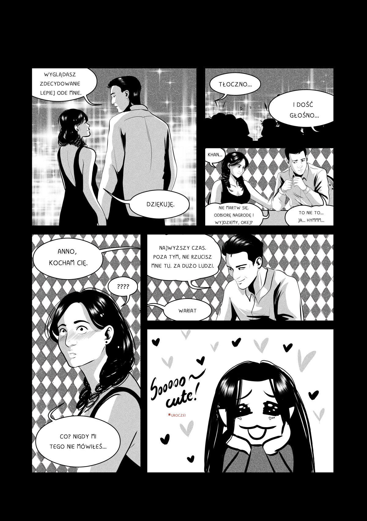 Czarno-białe plansze komiksu &bdquo;My Own Alien&rdquo; ukazujące Khanashayu pracującego nad bransoletą holograficzną oraz scenę z gali, gdzie w ludzkiej formie wyznaje miłość mamie Anny.