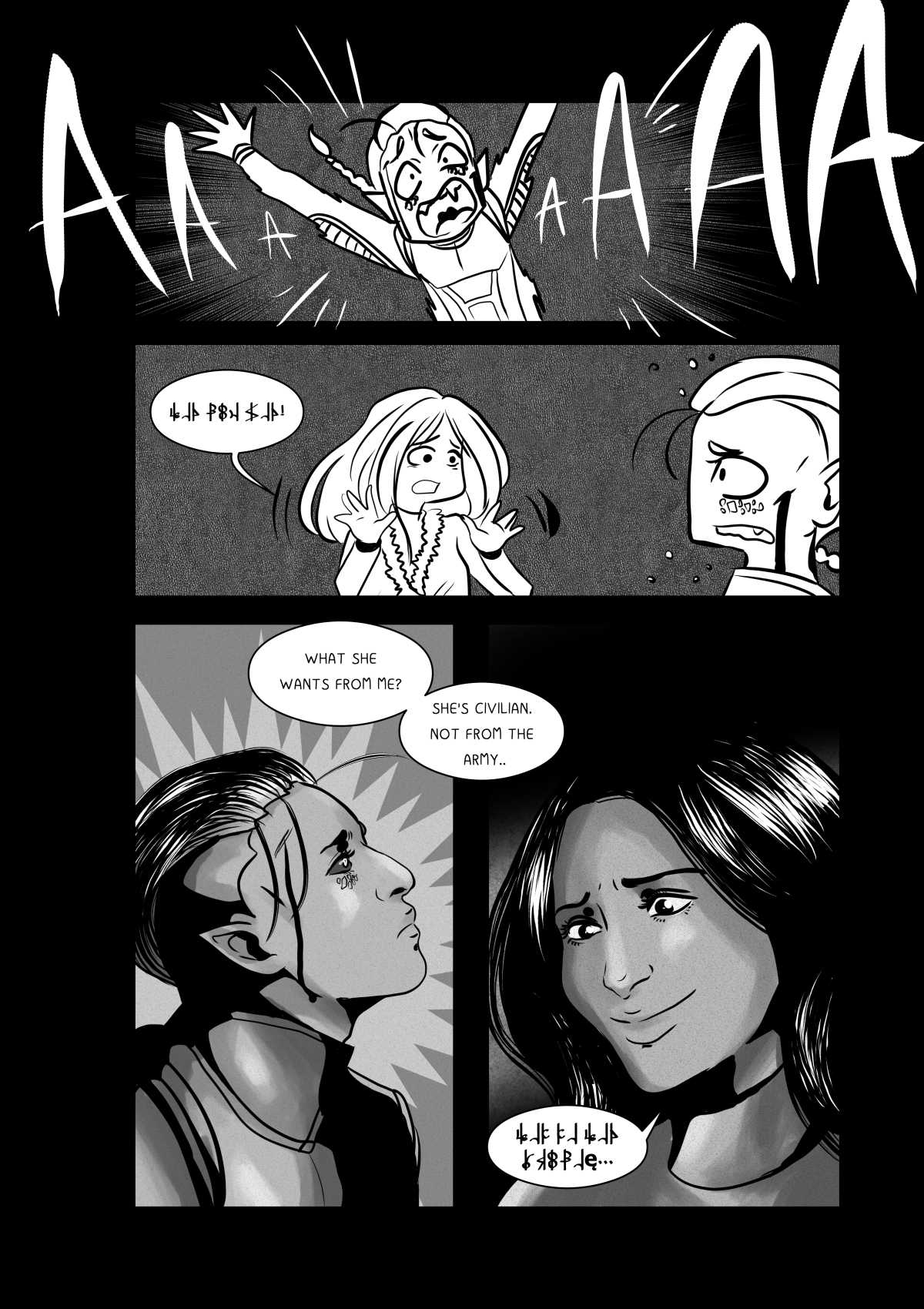 A black and white comic panel depicting a chaotic first contact scene. At the top, a panicked alien in a space suit is screaming "AAAAA!" with arms wide open. The middle panel shows a young woman with her hands up in a defensive or calming gesture, talking to another alien with distinct facial markings. The bottom panels are close-ups: a smiling, calm woman looking at a bewildered alien, with speech bubbles containing an encrypted alien alphabet.