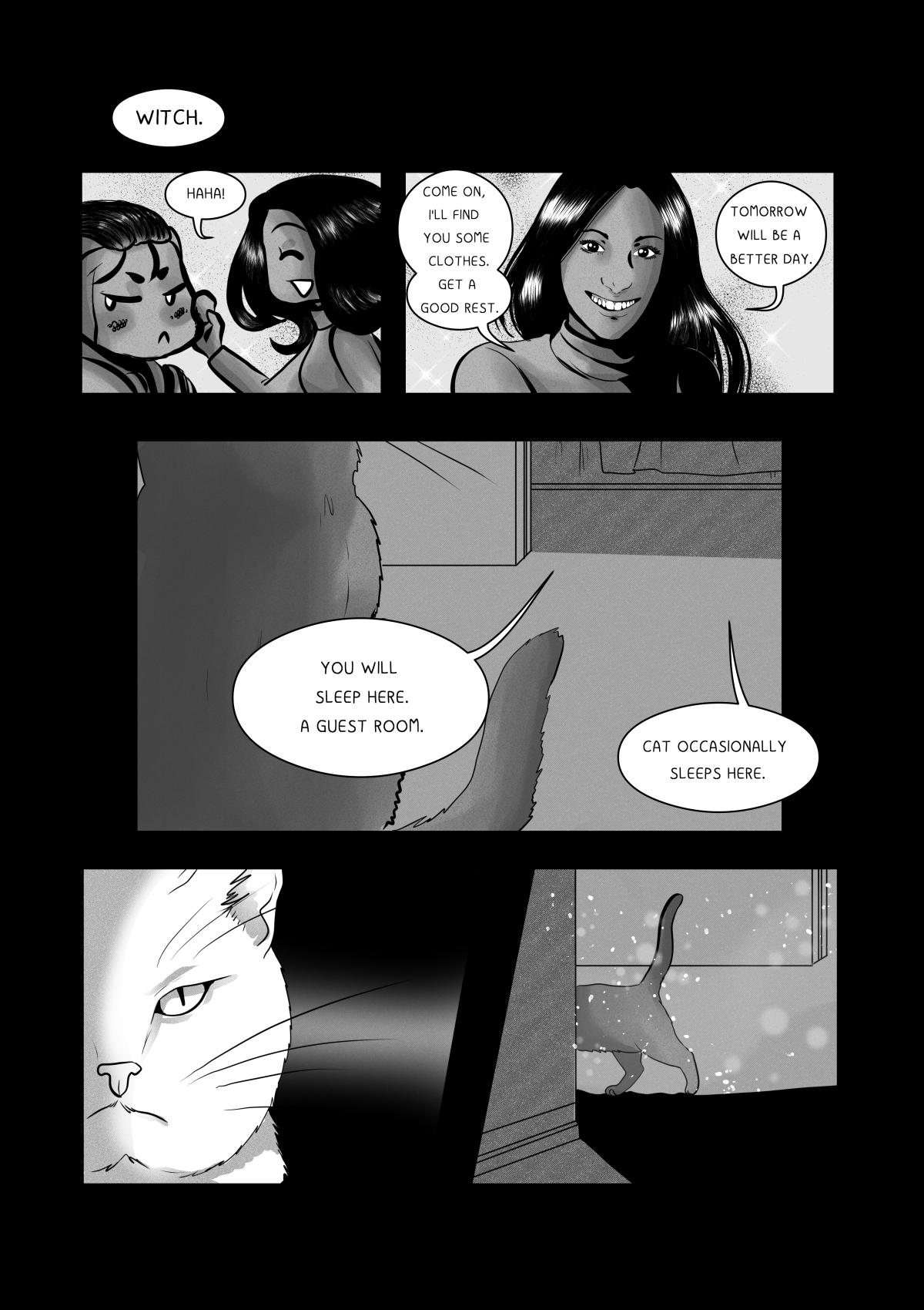 A black and white comic page from the "My Own Alien" series. The top panels show Anna laughing as she playfully pinches Khan’s cheek; he reacts by calling her a "Witch." Anna promises to find him clothes and tells him "Tomorrow will be a better day." The middle panel shows the back of a fluffy cat looking toward a guest room where Khan will sleep. The bottom panels feature a close-up of the white cat’s intense, grumpy stare and its tail disappearing through a doorway into the snow.