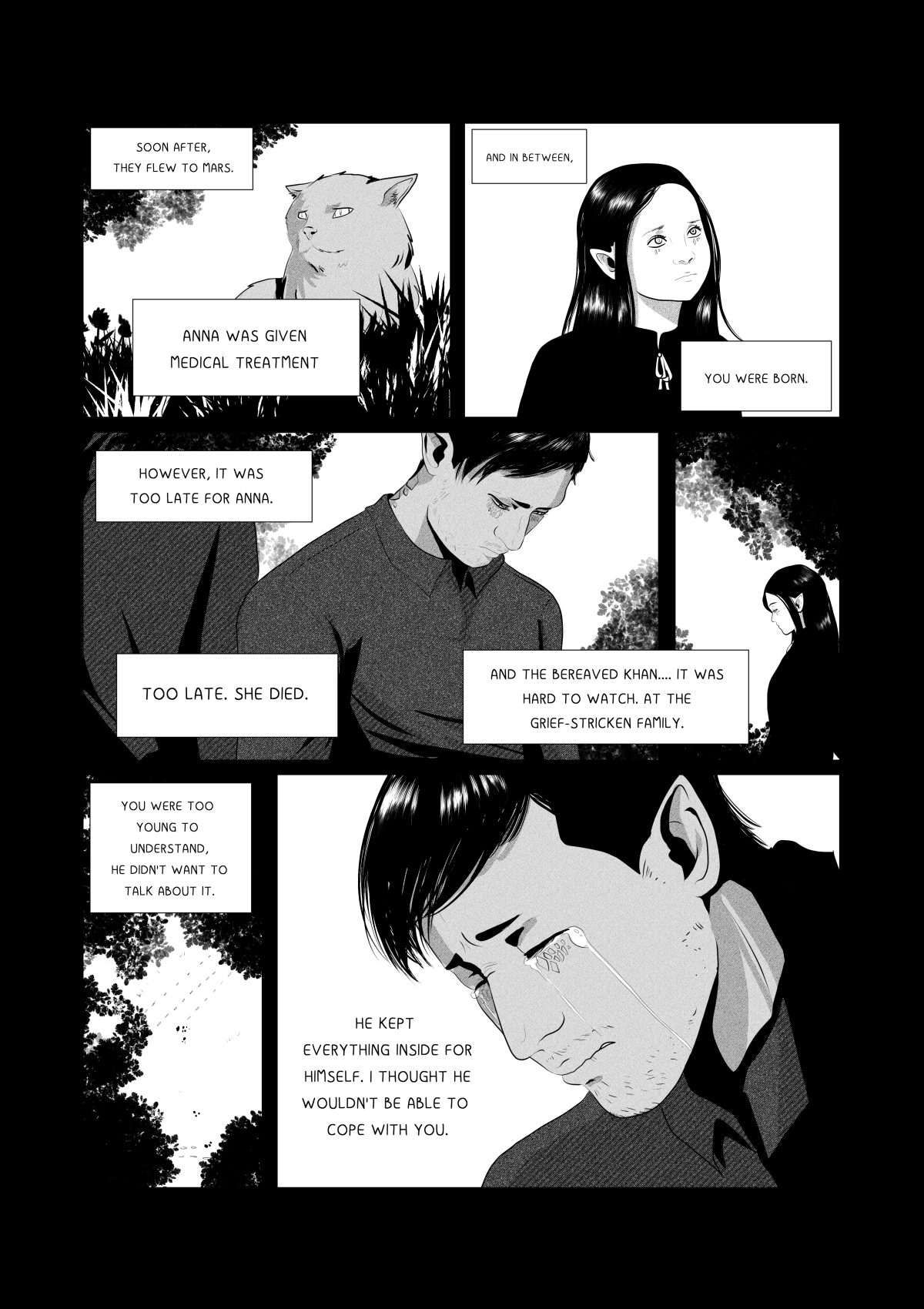 A melancholic black and white comic page. The top panels show a cat (Antres) and a little girl with pointed ears, informing about the protagonist's birth and Anna's treatment. The middle part of the page shows a sad Khanashayu in a dark shirt; the text states that it was too late for Anna and she died. At the bottom, a poignant close-up of Khanashayu's tearful face, stifling his pain after losing his wife while trying to care for their child. Pełna transkrypcja i tłumaczenie dymków / Full transcription and balloon translation: NARRATOR: "ZARAZ PO TYM, WYLECIELI." -> "Right after that, they flew away." NARRATOR: "ANNA DOSTAŁA ODPOWIEDNIĄ KURACJĘ." -> "Anna received the appropriate treatment." NARRATOR: "A W MIĘDZYCZASIE URODZIŁAŚ SIĘ TY." -> "And in the meantime, you were born." NARRATOR: "JEDNAKŻE, BYŁO JUŻ ZA PÓŹNO DLA ANNY. ZBYT PÓŹNO. UMARŁA." -> "However, it was already too late for Anna. Too late. She died." NARRATOR: "A POGRĄŻONY W ŻAŁOBIE KHAN... CIĘŻKO BYŁO NA TO PATRZEĆ... NA POGRĄŻONĄ W ŻAŁOBIE RODZINĘ." -> "And Khan, consumed by grief... it was hard to watch... the grieving family." NARRATOR: "BYŁAŚ ZA MAŁA BY TO ZROZUMIEĆ. A ON NIE CHCIAŁ O TYM ROZMAWIAĆ." -> "You were too small to understand. And he didn't want to talk about it." NARRATOR: "UTRZYMYWAŁ WSZYSTKO W ŚRODKU WYŁĄCZNIE DLA SIEBIE. MYŚLAŁEM, ŻE NIE BĘDZIE W STANIE ZAJMOWAĆ SIĘ TOBĄ..." -> "He kept everything inside, just for himself. I thought he wouldn't be able to take care of you..."