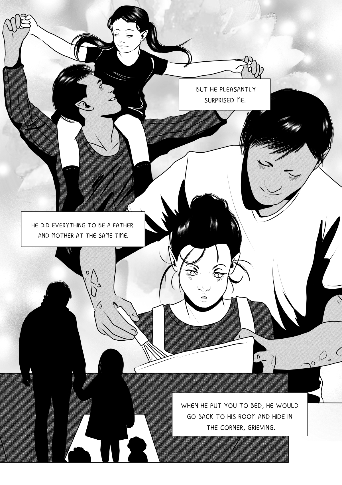 A black and white comic page featuring a montage of scenes from the life of Khanashayu and his young daughter. At the top, the smiling father carries the girl on his shoulders. In the middle, they are cooking together as he patiently instructs her. At the bottom, a black silhouette shows the father and child holding hands, with text explaining that Khanashayu tried to be both parents to her, yet mourned in solitude every night. Pełna transkrypcja i tłumaczenie dymków / Full transcription and balloon translation: NARRATOR: "ZASKOCZYŁ MNIE POZYTYWNIE." -> "He surprised me positively." NARRATOR: "ROBIŁ WSZYSTKO BY BYĆ OJCEM I MATKĄ JEDNOCZEŚNIE." -> "He did everything to be both father and mother at the same time." NARRATOR: "LECZ GDY KŁADŁ CIĘ DO ŁÓŻKA, WRACAŁ DO SWOJEGO POKOJU I SIADAŁ W KĄCIE. POGRĄŻAJĄC SIĘ W ŻAŁOBIE." -> "But when he put you to bed, he would return to his room and sit in the corner, immersing himself in grief."