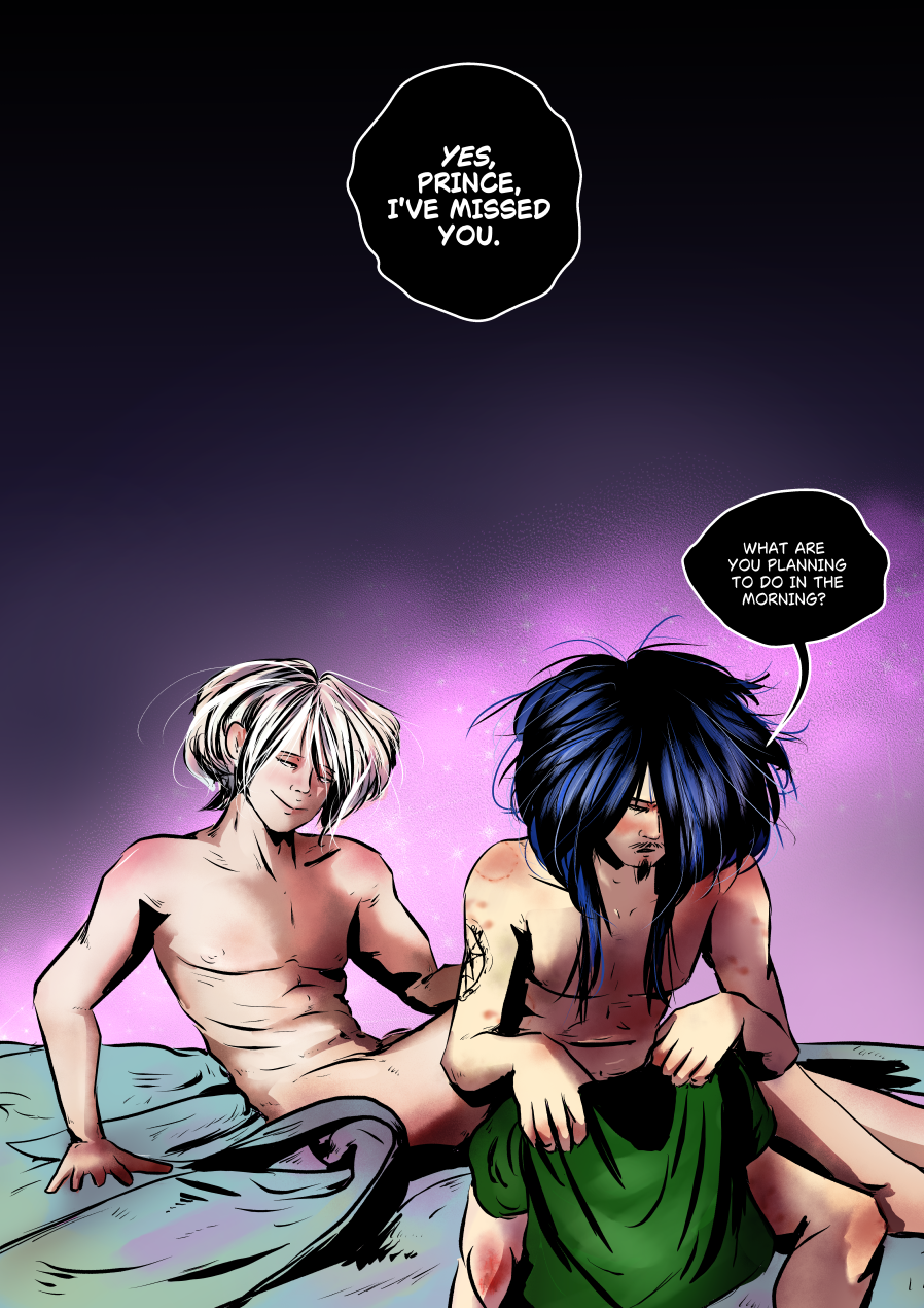 A two-panel comic page showing the aftermath of a harrowing night. The top panel is a solid dark void with a single dialogue bubble. The bottom panel depicts a shirtless, bruised Mefisto sitting on the edge of a bed, looking down with a somber expression as he pulls on a green shirt. Behind him, Andrielach sits relaxed and naked, watching him with a smug, satisfied smile. The background is a soft, glowing purple nebula. Dialogue Translation: Mefisto: "YES, PRINCE, I'VE MISSED YOU." Andrielach: "WHAT ARE YOU PLANNING TO DO IN THE MORNING?"