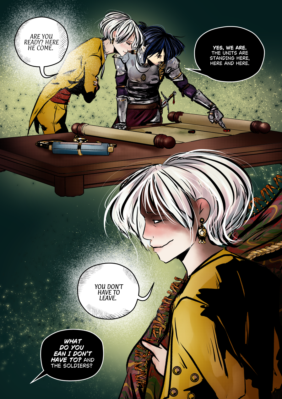 A two-part comic page transitioning to a professional setting. In the top half, Mefisto is fully armored, pointing at a strategic map on a table, while Andrielach leans over his shoulder. The bottom half is a large close-up of Andrielach’s profile; he has a faint, cunning smile and wears ornate earrings, looking down as he delivers a confusing new instruction. Dialogue Translation: Andrielach: "ARE YOU READY? HERE HE COMES." Mefisto: "YES, WE ARE. THE UNITS ARE STANDING HERE, HERE AND HERE." Andrielach: "YOU DON'T HAVE TO LEAVE." Mefisto: "WHAT DO YOU MEAN I DON'T HAVE TO? AND THE SOLDIERS?"
