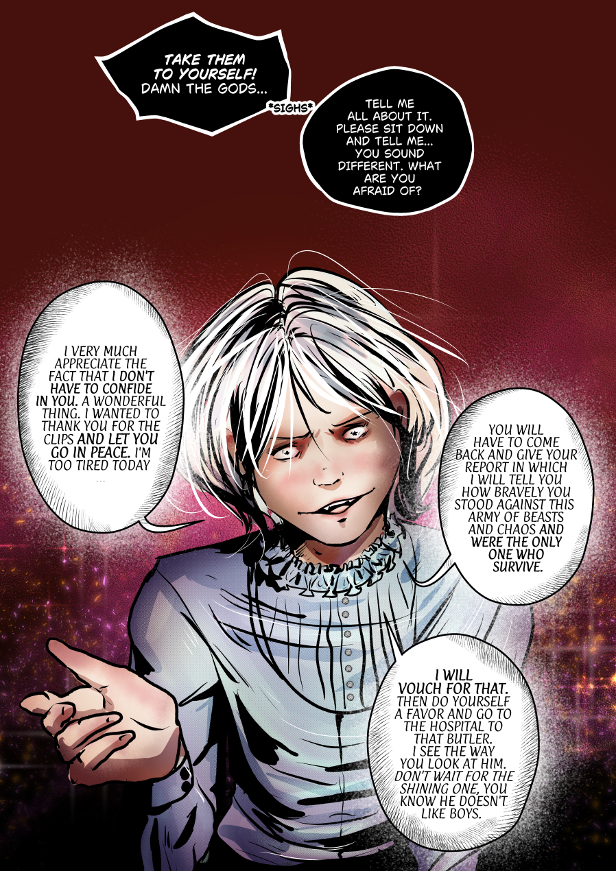 The psychological warfare between the protagonists reaches a fever pitch as Andrielach weaponizes Mefisto’s past to justify his exile. By mentioning a "butler" in Hell’s hospital and ordering Mefisto to report to Lucifer, Andrielach effectively discards him under the guise of concern for his safety. Mefisto’s reaction is one of raw, bitter resentment; he sees through the Prince’s manipulation, accusing him of petty jealousy. The mention of "money on the table" adds a tragic layer to Mefisto’s history, suggesting a past of degradation that Andrielach is now using to shame him. Visually, the stark red background heightens the sense of emotional violence. This page of Paradise Dust is a masterclass in character-driven drama, showing how even in the face of cosmic defeat, these beings are consumed by their toxic, personal entanglements. It is an essential moment for fans of grimdark fantasy and supernatural thrillers, exposing the deep scars and power imbalances that define this relationship.