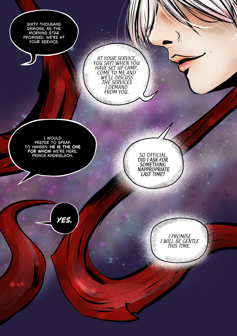 A close-up of the lower half of Andrielach’s face, showing a subtle, knowing smile. A vibrant red ribbon snakes through the purple, starry background. The dialogue reveals a tense negotiation regarding a demonic army and a promise of "gentleness." Dialogue Translation: Mefisto: "Sixty thousand demons, as the Morning Star promised. We're at your service." Andrielach: "At your service, you say? When you have set up camp, come to me and we'll discuss the services I demand from you." Mefisto: "I would prefer to speak to Hansen. He is the one for whom we're here, Prince Andrielach." Andrielach: "So official. Did I ask for something inappropriate last time?" Mefisto: "YES." Andrielach: "I promise I will be gentle this time."
