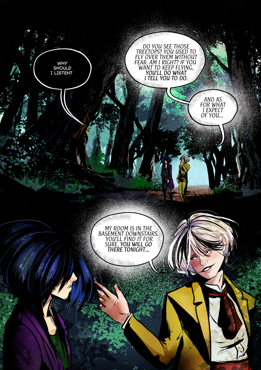 A two-panel page set in a dark, atmospheric forest. Top panel: Andrielach and Mefisto walk along a path as Andrielach subtly threatens Mefisto's ability to "fly." Bottom panel: A close-up of Andrielach pointing toward a room in the basement, commanding Mefisto to visit him tonight. Dialogue Translation: Mefisto: "Why should I listen?" Andrielach: "Do you see those treetops? You used to fly over them without fear. Am I right? If you want to keep flying, you'll do what I tell you to do." Andrielach: "And as for what I expect of you..." Andrielach: "My room is in the basement downstairs. You'll find it for sure. You will go there tonight..."