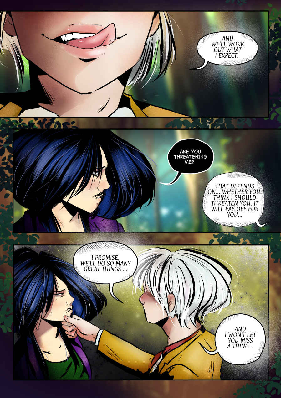 A three-panel comic page focused on the intensifying tension between Andrielach and Mefisto. The top panel is an extreme close-up of Andrielach’s mouth as he licks his lip with a predatory expression. The middle panel shows a profile of Mefisto, his face clouded with suspicion and fear. The bottom panel depicts Andrielach tilting Mefisto's chin up, forcing eye contact in a gesture of intimate dominance. Dialogue Translation: Andrielach: "And we'll work out what I expect." Mefisto: "Are you threatening me?" Andrielach: "That depends on... whether you think I should threaten you. It will pay off for you..." Andrielach: "I promise, we'll do so many great things..." Andrielach: "And I won't let you miss a thing..."