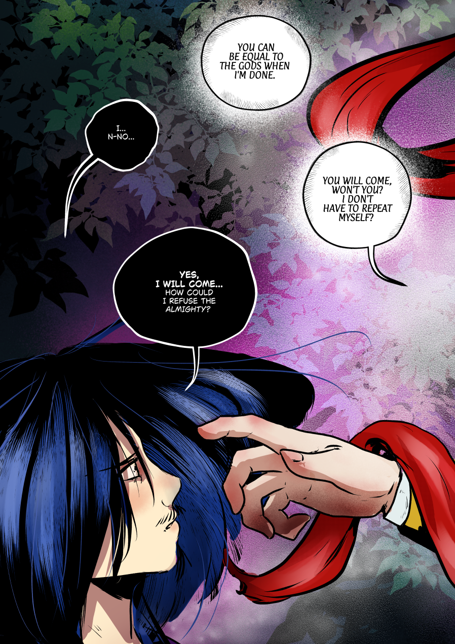 A striking comic panel featuring a close-up of Mefisto’s profile against a background of ethereal, purple-lit foliage. His expression is one of vulnerability and resignation as a hand—belonging to Andrielach—reaches into the frame, a single finger lightly touching Mefisto's dark hair. A thick, vibrant red ribbon winds through the scene, partially obscuring the hand. The dialogue highlights the forced nature of their dynamic, with Andrielach demanding obedience. Dialogue Translation: Andrielach: "You can be equal to the gods when I'm done." Mefisto: "I... n-no..." Andrielach: "You will come, won't you? I don't have to repeat myself?" Mefisto: "YES, I WILL COME... HOW COULD I REFUSE THE ALMIGHTY?"