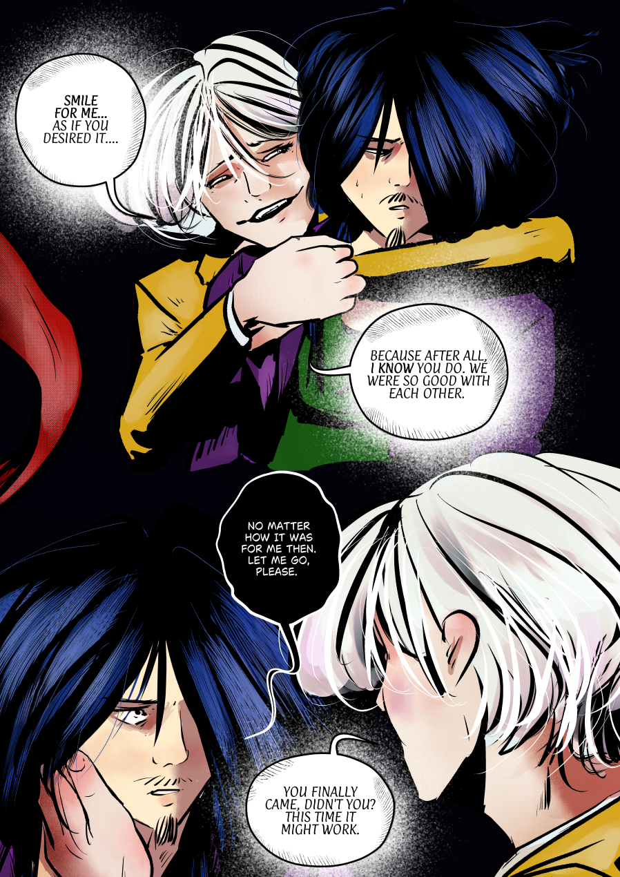 A multi-panel page depicting a suffocatingly close encounter between Andrielach and Mefisto. In the top panel, Andrielach embraces a visibly distressed Mefisto from behind, resting his head on Mefisto's shoulder with a manipulative smile. The bottom panels show a tense close-up where Andrielach cups Mefisto's face, forcing him to look back, while Mefisto pleads to be let go. Dialogue Translation: Andrielach: "SMILE FOR ME... AS IF YOU DESIRED IT...." Andrielach: "BECAUSE AFTER ALL, I KNOW YOU DO. WE WERE SO GOOD WITH EACH OTHER." Mefisto: "NO MATTER HOW IT WAS FOR ME THEN. LET ME GO, PLEASE." Andrielach: "YOU FINALLY CAME, DIDN'T YOU? THIS TIME IT MIGHT WORK."