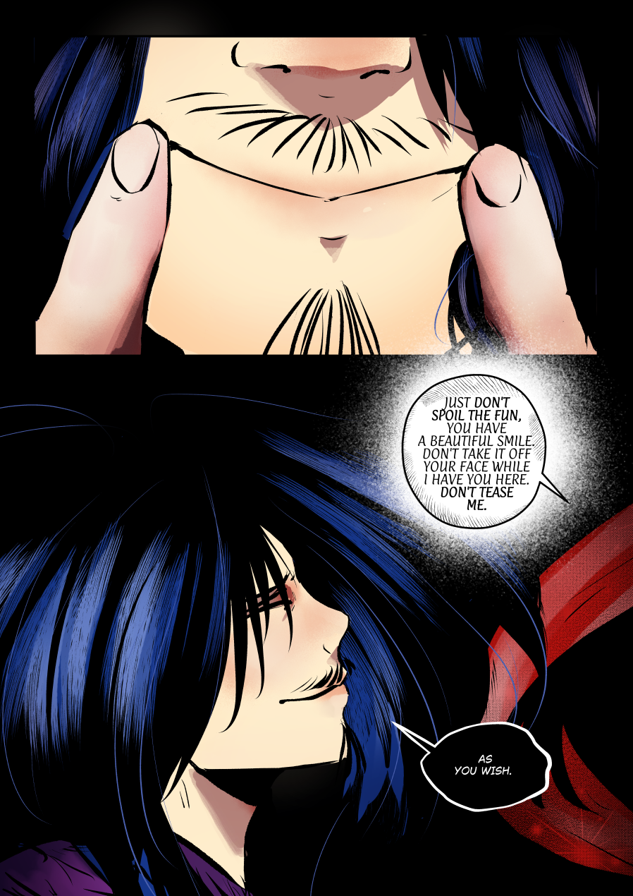 A stark and unsettling two-panel comic page. The top panel is an extreme close-up of the lower half of a face, where two fingers are physically pulling and stretching the corners of the mouth to create a forced, artificial smile. The bottom panel shows Mefisto from the side with his eyes closed in resignation, wearing that pained, stretched smile while a bright red ribbon winds through the dark, shadowy background. Dialogue Translation: Andrielach (off-panel): "Just don't spoil the fun. You have a beautiful smile. Don't take it off your face while I have you here. Don't tease me." Mefisto: "As you wish."