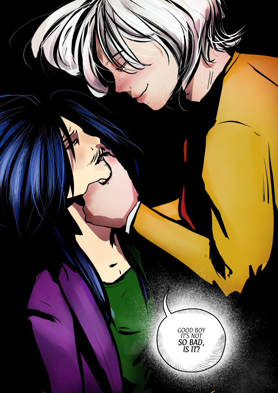 A vertical comic panel showing a close embrace between Andrielach and Mefisto against a pitch-black background. Andrielach, looking down with a serene and satisfied smile, cups Mefisto's face with one hand while the other rests on his neck. Mefisto’s head is tilted back, his eyes closed in an expression of weary defeat. Dialogue Translation: Andrielach: "GOOD BOY. IT’S NOT SO BAD, IS IT?"