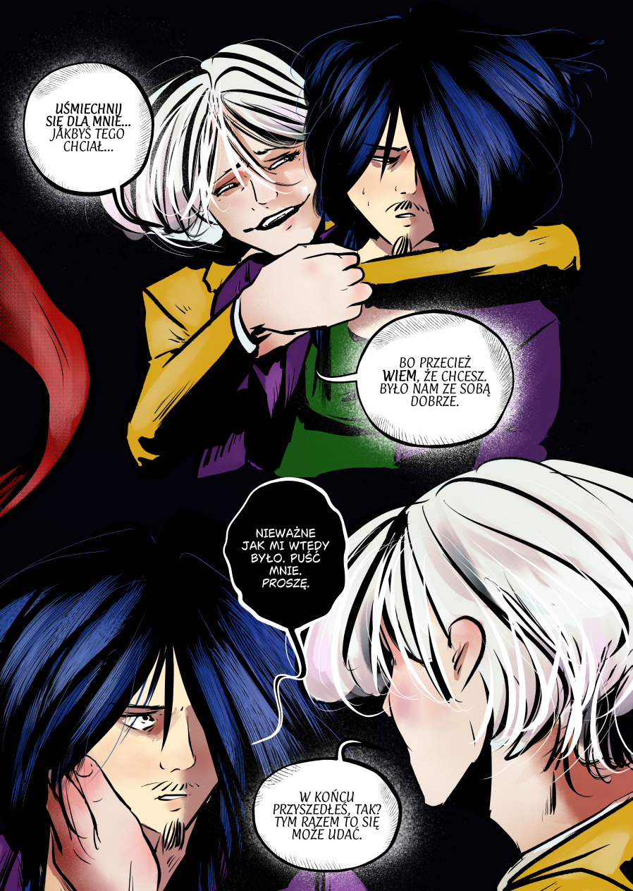 Mroczny kadr komiksowy na czarnym tle. Na górze jasnowłosy Andrielach obejmuje od tyłu Mefisto, kładąc mu rękę na krtani; Andrielach uśmiecha się szeroko, podczas gdy Mefisto ma zamknięte oczy i wyraz cierpienia na twarzy. Na dolnym kadrze zbliżenie na ich twarze – dłoń Andrielacha gładzi policzek Mefisto, który patrzy na niego z lękiem i rezygnacją. Czerwona wstążka niewoli widoczna jest przy krawędzi kadru. Pełna treść dialogów: Andrielach: „Uśmiechnij się dla mnie... jakbyś tego chciał...” Andrielach: „Bo przecież WIEM, że chcesz. Było nam ze sobą dobrze.” Mefisto: „Nieważne jak mi wtedy było. Puść mnie. Proszę.” Andrielach: „W końcu przyszedłeś, tak? Tym razem to się może udać.”