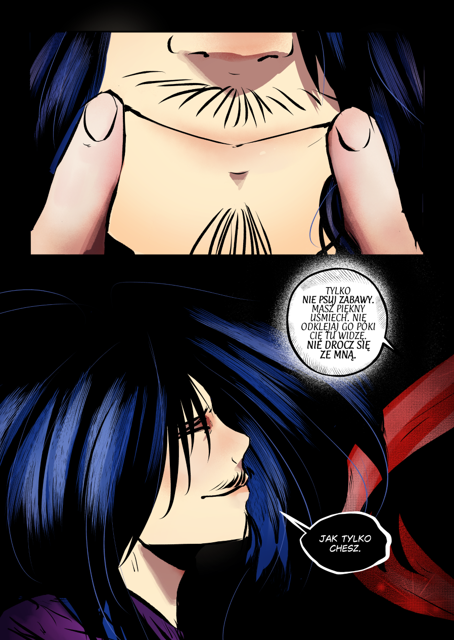 Kadr komiksowy o wysokim kontraście na czarnym tle. Górny panel to ekstremalne zbliżenie na dolną część twarzy Mefisto – palce Andrielacha brutalnie rozciągają kąciki jego ust w górę, wymuszając nienaturalny uśmiech. Dolny panel pokazuje profil Mefisto z przymkniętymi oczami i tym samym, wymuszonym uśmiechem, podczas gdy obok jego głowy wije się jaskrawoczerwona wstążka, symbolizująca piękną, lecz bezwzględną niewolę. Pełna treść dialogów: Andrielach: „Tylko nie psuj zabawy. Masz piękny uśmiech. Nie odklejaj go póki cię tu widzę. Nie drocz się ze mną.” Mefisto: „Jak tylko chcesz.”