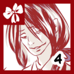 Grafika w kwadratowej, bordowej ramce przedstawiająca portret młodego chłopca o imieniu Cyrus. Ilustracja wykonana jest techniką line-artu w kolorze bordowym na białym tle. Chłopiec ma półdługie włosy z grzywką, przymknięte oczy i delikatny uśmiech. W lewym górnym rogu znajduje się biały symbol kokardy wpisany w bordowy kwadrat. W prawym dolnym rogu widnieje czarna cyfra „4”. Stylistyka jest minimalistyczna, szkicowa i oniryczna.