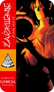 Okładka Zaćmienie. Postać w zbroi trzyma czarną kulę energii na tle czerwonego nieba. Styl dark fantasy.