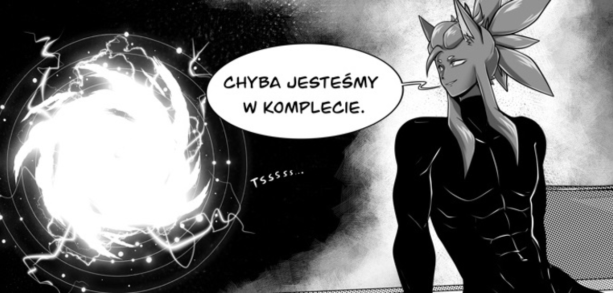 Czarno-biały panel z webkomiksu niezależnego „Amor Dei” przedstawiający Amordiana obok jasnego, wirującego portalu energii. Amordian to umięśniona postać o ciemnej skórze, z jasnymi włosami przypominającymi uszy zwierzęcia, ubrana w obcisły, czarny strój. Postać uśmiecha się lekko, patrząc w stronę portalu, a nad nią widnieje dymek z tekstem: „CHYBA JESTEŚMY W KOMPLECIE.”. Portal jest otoczony elektrycznymi wyładowaniami i drobnymi cząsteczkami światła. Całość wykonana z użyciem rastrów.