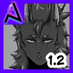 Kwadratowa ikonka promująca rozdział 1.2 webkomiksu niezależnego „Amor Dei”. Grafika w skali szarości przedstawia portret Amordiana – postaci o zwierzęcych cechach, z nastroszonymi włosami/futrem, spiczastymi uszami i jasnymi, przenikliwymi oczami. Postać ma charakterystyczną pionową bliznę przechodzącą przez lewe oko. Ikonka ma fioletowe obramowanie, w lewym górnym rogu znajduje się logotyp w kształcie litery „A” z błyszczącym kryształem, a w prawym dolnym biały numer „1.2”.
