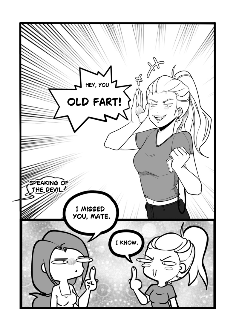 A black and white digital comic page from "Amordei." The top panel shows a young woman with a high ponytail yelling "HEY, YOU OLD FART!" with an energetic and mischievous expression. A narrator's bubble says "SPEAKING OF THE DEVIL". The bottom panel features a comedic, stylized "chibi" drawing of Sara and the new woman playfully flipping each other off while saying they missed each other. Full dialogue transcription: New Character (Yelling): "HEY, YOU OLD FART!" Narrator/Thought: "SPEAKING OF THE DEVIL." Sara (Chibi): "I MISSED YOU, MATE." New Character (Chibi): "I KNOW."