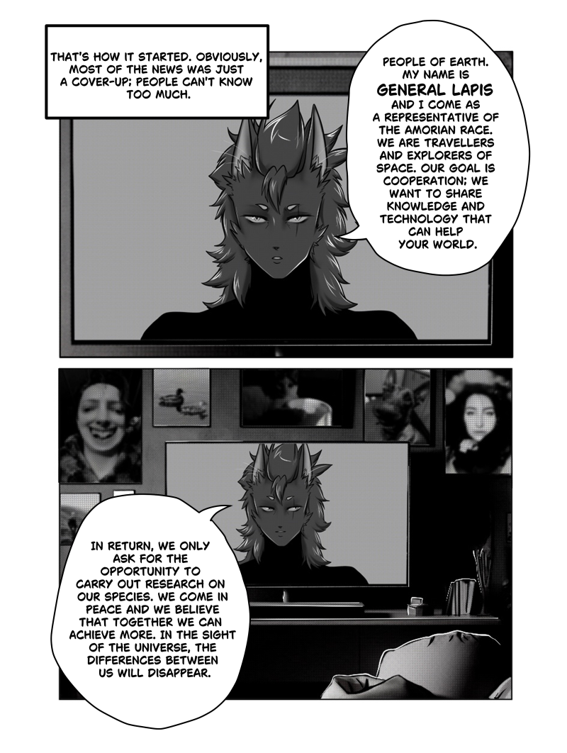 A black and white comic page from "Amordei." The top panel shows a television screen broadcasting a close-up of General Lapis, a representative of the Amorian race. He has sharp, feline-like features, pointed ears, and intense eyes. The lower panel shows the same broadcast on a TV in a dark room, with photos on the wall behind it and the silhouette of a person lying down in the foreground. Speech bubbles contain a formal address to the people of Earth. Full dialogue transcription: Narrator: "THAT'S HOW IT STARTED. OBVIOUSLY, MOST OF THE NEWS WAS JUST A COVER-UP; PEOPLE CAN'T KNOW TOO MUCH." General Lapis: "PEOPLE OF EARTH. MY NAME IS GENERAL LAPIS AND I COME AS A REPRESENTATIVE OF THE AMORIAN RACE. WE ARE TRAVELLERS AND EXPLORERS OF SPACE. OUR GOAL IS COOPERATION; WE WANT TO SHARE KNOWLEDGE AND TECHNOLOGY THAT CAN HELP YOUR WORLD." General Lapis: "IN RETURN, WE ONLY ASK FOR THE OPPORTUNITY TO CARRY OUT RESEARCH ON OUR SPECIES. WE COME IN PEACE AND WE BELIEVE THAT TOGETHER WE CAN ACHIEVE MORE. IN THE SIGHT OF THE UNIVERSE, THE DIFFERENCES BETWEEN US WILL DISAPPEAR."