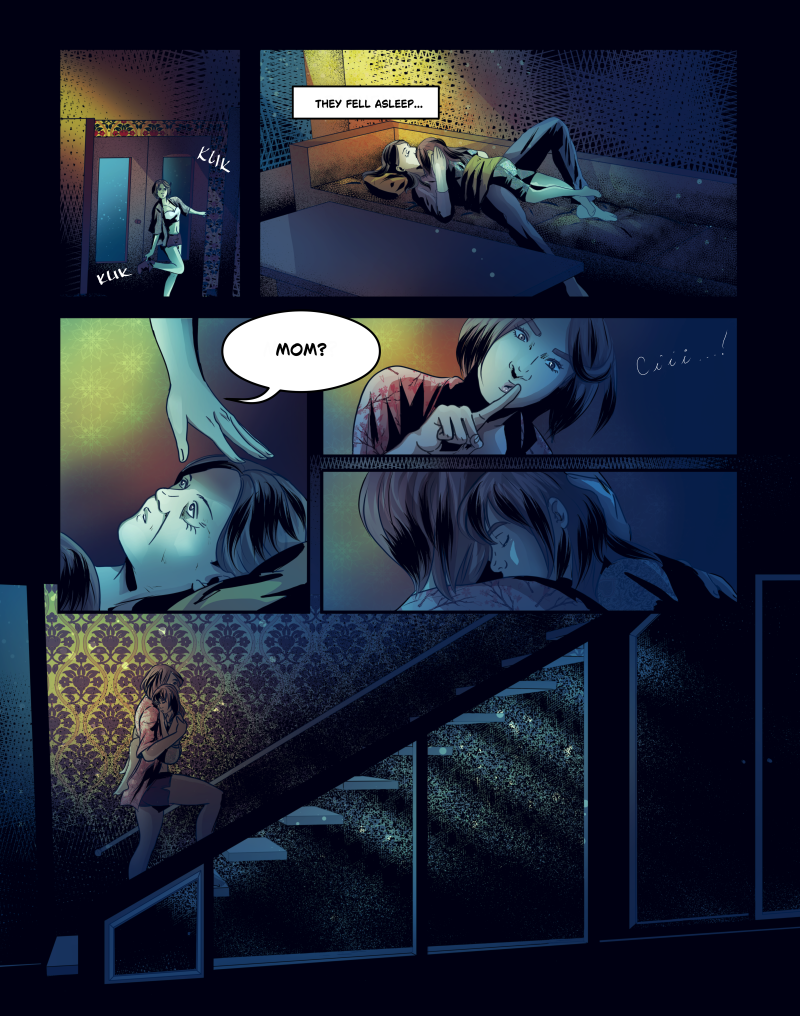 A digital comic page with a dark, moody atmosphere. The top panels show a young woman entering a dimly lit room where two figures are asleep on a couch. A text box reads "THEY FELL ASLEEP...". In the middle panels, the woman gently touches an older woman's forehead, whispering "MOM?", while the other person signals for silence with a finger to their lips. The bottom large panel shows the young woman carrying the older woman up a staircase against a background of patterned wallpaper.