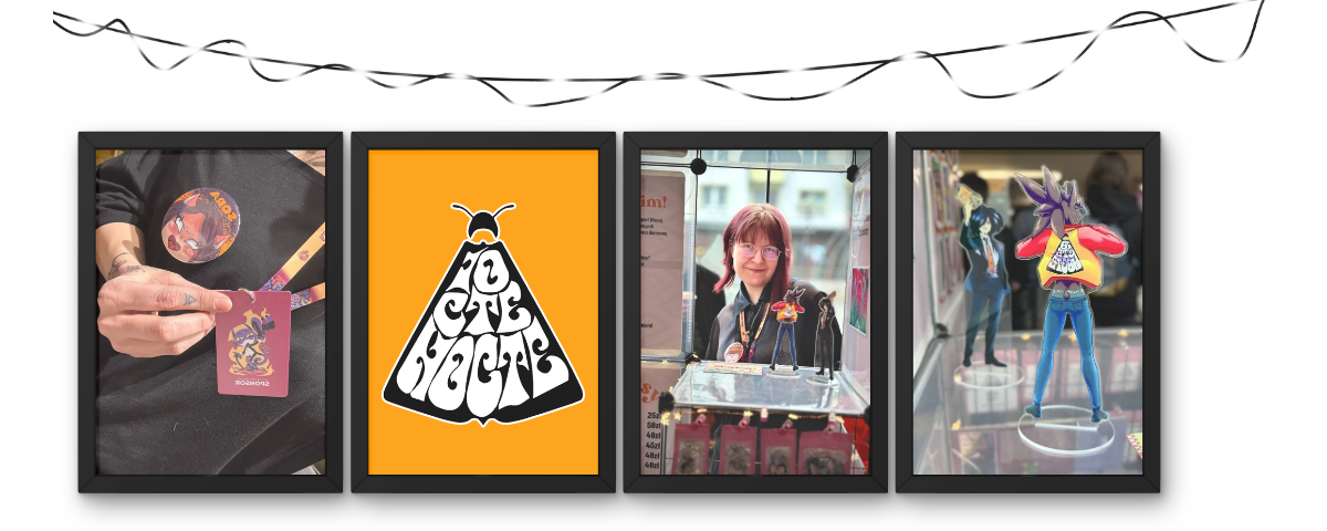 Kolaż zdjęć ze stoiska Iocte Nocte: detale przypinek, logo grupy, uśmiechnięta Etera oraz akrylowe standy postaci.