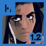 Grafika promocyjna (ikona) przedstawiająca zbliżenie na twarz Mai, bohaterki komiksu Sci-Fi "Hok" autorstwa Karoliny "lomcii" Przybył. Maja ma ciemne oczy, czarne włosy z charakterystycznym białym pasmem opadającym na twarz. Na jej policzku widoczne są świeże rany i krew, a pod oczami ma ciemne, wojenne malunki lub ślady zmęczenia. Tło ikony jest niebieskie, w lewym górnym rogu znajduje się czarny symbol graficzny, a w prawym dolnym błękitny napis "1.2". Wyraz twarzy bohaterki jest pełen determinacji i buntu.