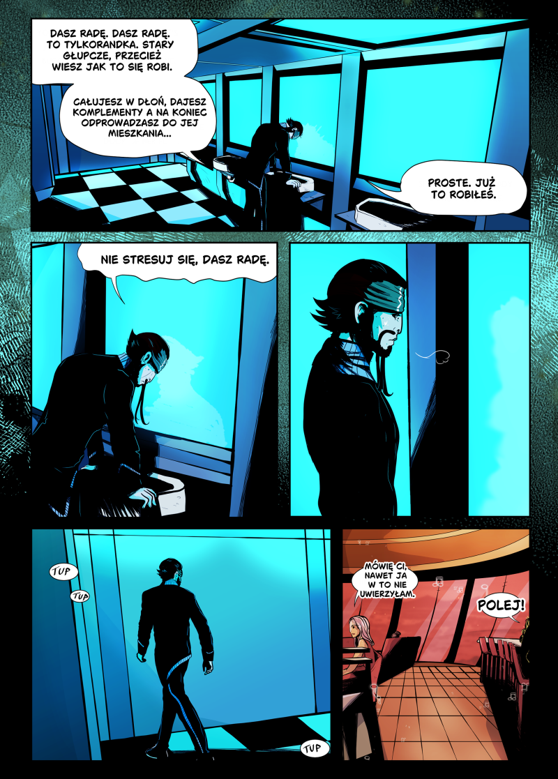 Jedenasta strona komiksu Sci-Fi "Hok" autorstwa Karoliny "lomcii" Przybył. Dominują chłodne, błękitne odcienie neonów skontrastowane z ciepłym pomarańczem wnętrza baru. Waram szykuje się do randki, przeglądając się w lustrze w nowoczesnej, sterylnej łazience. Pełna treść dymków: Waram (do lustra): Dasz radę. Dasz radę. To tylko randka. Stary głupcze, przecież wiesz jak to się robi. Waram: Całujesz w dłoń, dajesz komplementy a na koniec odprowadzasz do jej mieszkania... Waram: Proste. Już to robiłeś. Nie stresuj się, dasz radę. Kobieta w barze: Mówię ci, nawet ja w to nie uwierzyłam. Głos w barze: Polej! Detale wizualne: Górne kadry skupiają się na sylwetce Warama w ciemnej łazience, oświetlonej ostrym, niebieskim światłem z okien. Środkowy kadr to profil bohatera zamyślonego przed lustrem. Dolne kadry pokazują jego pewny krok, gdy wychodzi z pomieszczenia (onomatopeja "TUP TUP"), oraz gwarny bar z dużymi oknami, za którymi widać różowe, zachodzące słońce lub łunę futurystycznego miasta.