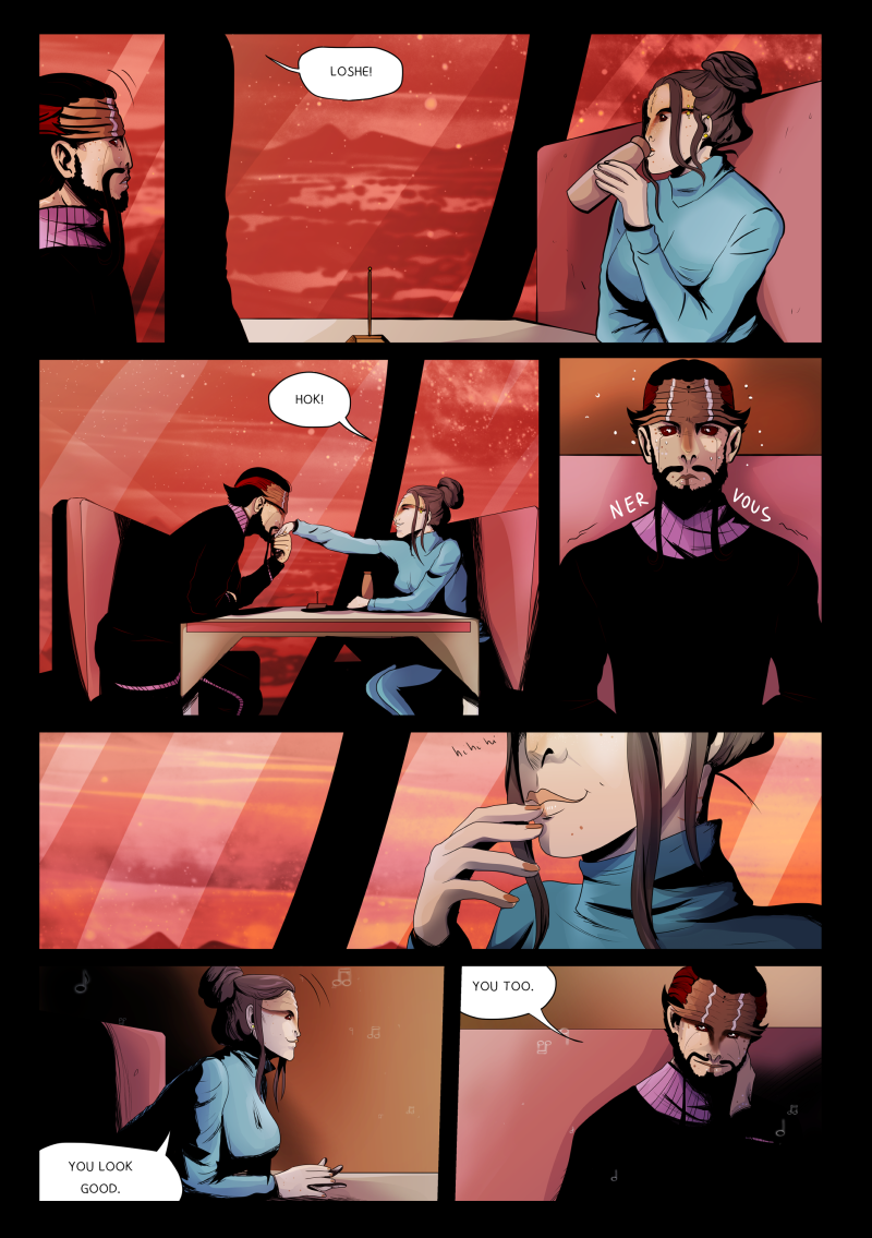 A digital comic page with a warm, sunset-inspired color palette of oranges and reds. The scene takes place in a futuristic restaurant or bar with large windows overlooking a distant landscape. Hok, looking visibly nervous with "NERVOUS" written in shaky letters around him, meets Loshe, a woman with brown hair in a bun wearing a light blue turtleneck. In one panel, Hok gallantly kisses her hand across the table. Loshe smiles, giggling behind her hand, as they begin their conversation. Full dialogue transcription: Hok: "LOSHE!" Loshe: "HOK!" Text Effect (around Hok): "NERVOUS" Sound Effect (Loshe): "hi hi hi" Loshe: "YOU LOOK GOOD." Hok: "YOU TOO."