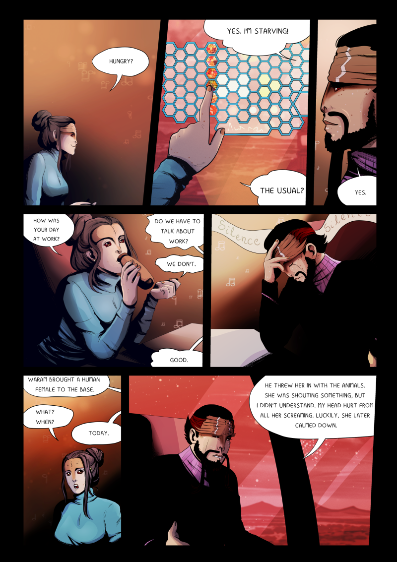 A digital comic page set in a futuristic restaurant with a warm orange and red color palette. Hok, a man with a red headband and dark beard, and Loshe, a woman in a blue turtleneck, are ordering food using a glowing hexagonal interface. The panels show their conversation over dinner. Hok appears stressed, holding his head in one hand, as they discuss the events at the military base. Loshe looks surprised and concerned as Hok mentions a new prisoner. Full dialogue transcription: Hok: "HUNGRY?" Loshe: "YES. I'M STARVING!" Hok: "THE USUAL?" Loshe: "YES." Loshe: "HOW WAS YOUR DAY AT WORK?" Hok: "DO WE HAVE TO TALK ABOUT WORK?" Loshe: "WE DON'T." Hok: "GOOD." Hok: "WARAM BROUGHT A HUMAN FEMALE TO THE BASE." Loshe: "WHAT? WHEN?" Hok: "TODAY." Hok: "HE THREW HER IN WITH THE ANIMALS. SHE WAS SHOUTING SOMETHING, BUT I DIDN'T UNDERSTAND. MY HEAD HURT FROM ALL HER SCREAMING. LUCKILY, SHE LATER CALMED DOWN."