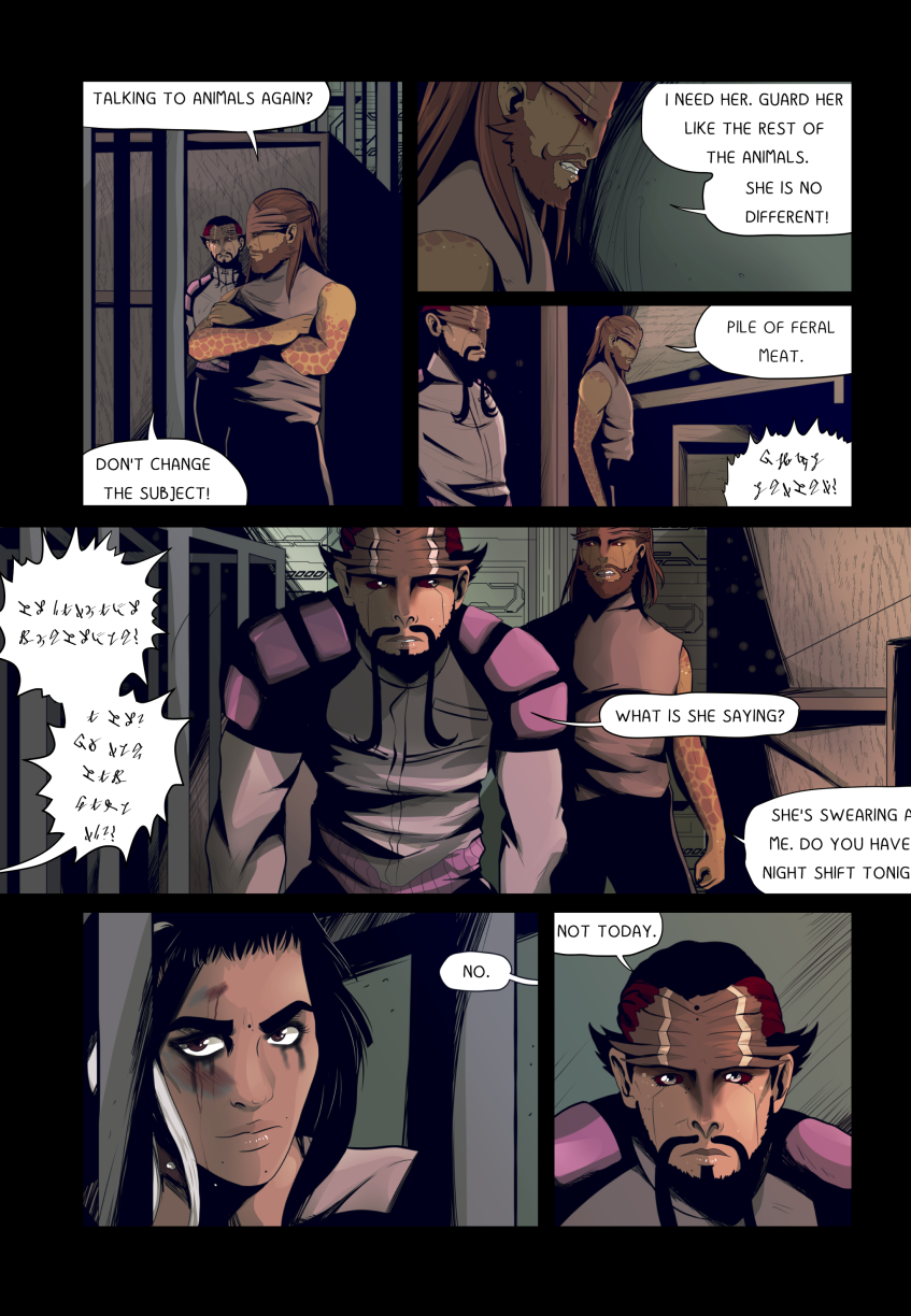 A gritty, sci-fi comic page featuring industrial and metallic interior backgrounds. The page follows a dialogue between Waram, a man with red facial markings and a dark beard in purple armor, and another bearded male guard with orange-scaled skin patterns on his arms. The panels alternate between medium shots of the guards and close-ups of a female prisoner behind bars. The prisoner has long dark hair with a white streak, visible bruises, and intense, dark eyes. The color palette is dark, dominated by grays, browns, and muted purples. Full dialogue transcription: Waram: "TALKING TO ANIMALS AGAIN?" Guard: "I NEED HER. GUARD HER LIKE THE REST OF THE ANIMALS. SHE IS NO DIFFERENT!" Waram: "DON'T CHANGE THE SUBJECT!" Guard: "PILE OF FERAL MEAT." Alien/Unknown Script: (Jagged white speech bubbles with vertical runic text) Guard: "WHAT IS SHE SAYING?" Waram: "SHE'S SWEARING AT ME. DO YOU HAVE NIGHT SHIFT TONIGHT?" Prisoner: "NO." Waram: "NOT TODAY."