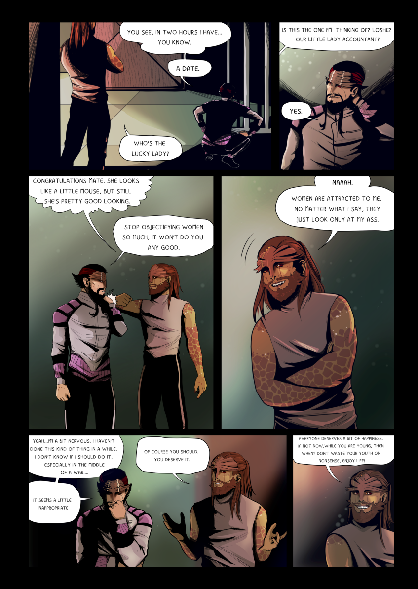 A digital sci-fi comic page featuring a conversation between two male guards in a dimly lit industrial setting. Waram, with his characteristic facial markings and dark beard, is wearing a purple and grey suit. His companion is a taller man with long reddish-brown hair and distinct orange-scaled skin patterns on his arms. The panels depict them leaning against walls and walking through the facility. The color palette is dominated by dark shadows, muted purples, and earthy tones. Full dialogue transcription: Waram's Companion: "YOU SEE, IN TWO HOURS I HAVE... YOU KNOW." Waram's Companion: "A DATE." Waram: "WHO'S THE LUCKY LADY?" Waram: "IS THIS THE ONE I'M THINKING OF? LOSHE? OUR LITTLE LADY ACCOUNTANT?" Waram's Companion: "YES." Waram: "CONGRATULATIONS MATE. SHE LOOKS LIKE A LITTLE MOUSE, BUT STILL SHE'S PRETTY GOOD LOOKING." Waram's Companion: "STOP OBJECTIFYING WOMEN SO MUCH, IT WON'T DO YOU ANY GOOD." Waram: "NAAAH. WOMEN ARE ATTRACTED TO ME. NO MATTER WHAT I SAY, THEY JUST LOOK ONLY AT MY ASS." Waram's Companion: "YEAH... I'M A BIT NERVOUS. I HAVEN'T DONE THIS KIND OF THING IN A WHILE. I DON'T KNOW IF I SHOULD DO IT, ESPECIALLY IN THE MIDDLE OF A WAR...." Waram's Companion: "IT SEEMS A LITTLE INAPPROPRIATE" Waram: "OF COURSE YOU SHOULD. YOU DESERVE IT." Waram: "EVERYONE DESERVES A BIT OF HAPPINESS. IF NOT NOW, WHILE YOU ARE YOUNG, THEN WHEN? DON'T WASTE YOUR YOUTH ON NONSENSE, ENJOY LIFE!"