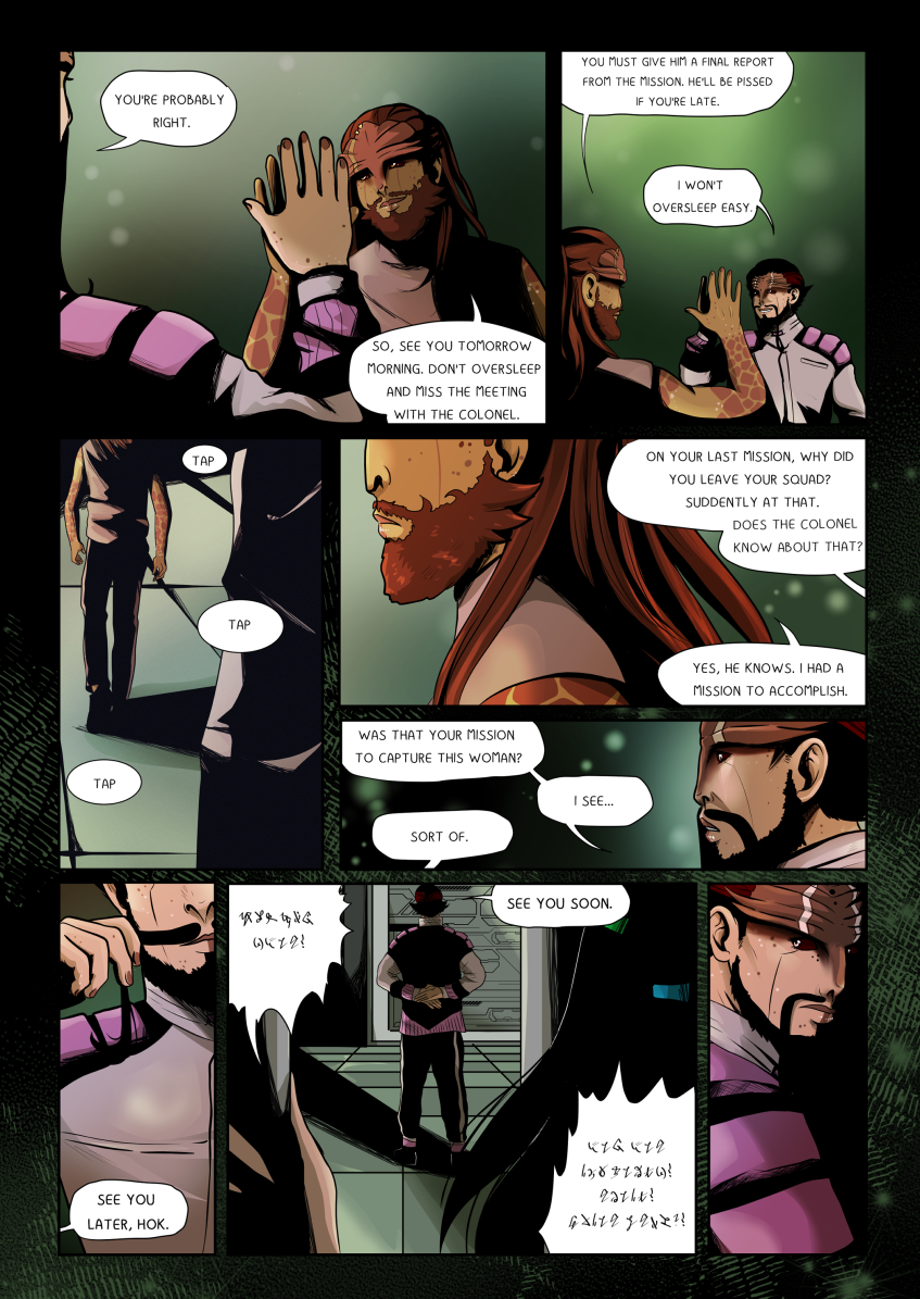 A sci-fi comic page featuring a cinematic "neon noir" lighting style with green and purple highlights. The panels depict a farewell between two guards, Hok and Waram, in a futuristic facility. Waram, with orange-scaled skin and a red beard, places his hand against a glass partition as a gesture of goodbye. Hok, wearing purple-tinted armor and having dark facial markings, responds with a serious expression. One panel shows a close-up of Hok’s mouth and a sharp, jagged speech bubble with alien runic script. Full dialogue transcription: Waram: "YOU'RE PROBABLY RIGHT." Waram: "YOU MUST GIVE HIM A FINAL REPORT FROM THE MISSION. HE'LL BE PISSED IF YOU'RE LATE." Hok: "I WON'T OVERSLEEP EASY." Waram: "SO, SEE YOU TOMORROW MORNING. DON'T OVERSLEEP AND MISS THE MEETING WITH THE COLONEL." Waram: "ON YOUR LAST MISSION, WHY DID YOU LEAVE YOUR SQUAD? SUDDENLY AT THAT. DOES THE COLONEL KNOW ABOUT THAT?" Hok: "YES, HE KNOWS. I HAD A MISSION TO ACCOMPLISH." Waram: "WAS THAT YOUR MISSION TO CAPTURE THIS WOMAN?" Hok: "SORT OF." Waram: "I SEE..." Alien/Runic Script: (Jagged white speech bubbles) Hok: "SEE YOU LATER, HOK." Waram: "SEE YOU SOON."