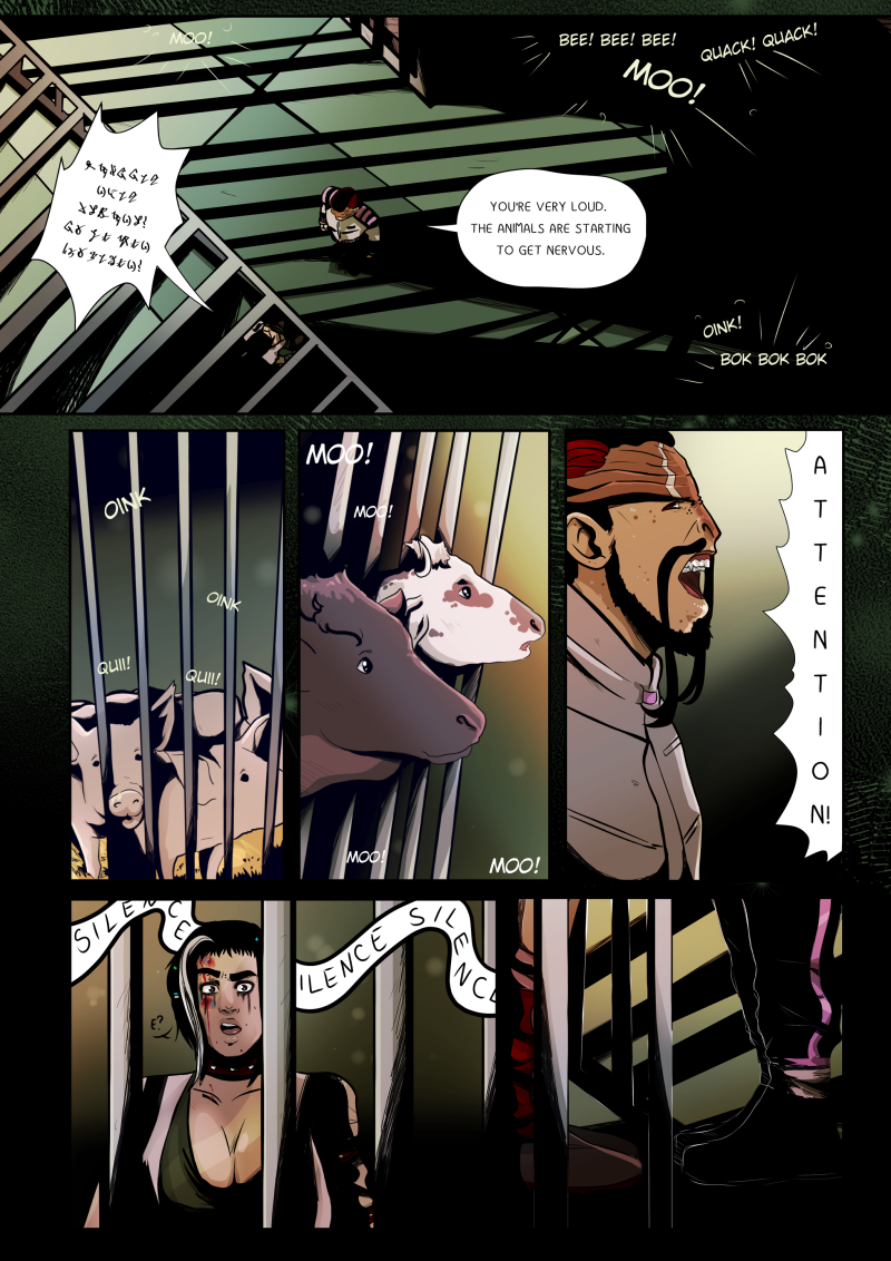 A dark sci-fi comic page set in a high-security prison block. The top panel shows a guard walking across a grated metal walkway overlooking cells, surrounded by various animal sound effects like "MOO!", "OINK!", and "QUACK!". In the middle panels, pigs and cows are shown looking out from behind metal bars. The guard, a man with a red headband and black beard, yells "ATTENTION!" to quiet the noise. The bottom panel features a female prisoner with dark hair and facial wounds looking up in shock as a banner with the word "SILENCE" hangs over her cell.

Full dialogue and sound transcription:

Animal Sounds: "MOO!", "BEE! BEE! BEE!", "QUACK! QUACK!", "OINK!", "BOK BOK BOK"

Alien/Runic Script: (Jagged white speech bubbles)

Guard: "YOU'RE VERY LOUD. THE ANIMALS ARE STARTING TO GET NERVOUS."

Guard (Yelling): "ATTENTION!"

Banners: "SILENCE"