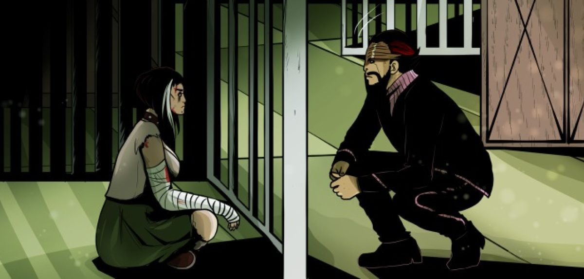 Poziomy panel z webkomiksu postapokaliptycznego „HOK”, przedstawiający dwie postacie rozdzielone kratami. Po lewej stronie, w ciemnym pomieszczeniu, siedzi ranna kobieta z zabandażowanym ramieniem i śladami krwi na twarzy. Po prawej stronie, na zewnątrz, kuca mężczyzna w ciemnym ubraniu z czerwonymi detalami i charakterystyczną opaską na oczach. Scena utrzymana jest w przygaszonej, zielono-brązowej kolorystyce, budującej ciężki, duszny klimat komiksu niezależnego.