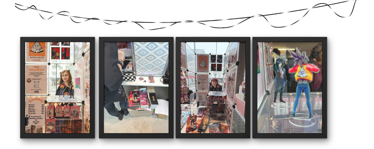 Kulisy stoiska Iocte Nocte: Sora przy ekspozycji, zaplecze z towarem oraz zbliżenie na akrylowe figurki.