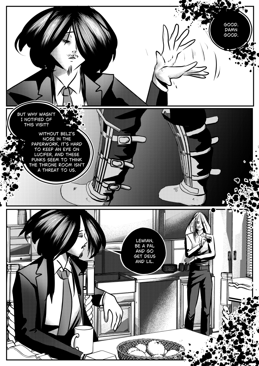 Visual Content and Narrative Context: A high-contrast black-and-white comic page from "The Invitation" depicting Mefisto’s strategic reaction to news from the Throne Hall. Top Panel: Mefisto raises a hand in a dismissive or contemplative gesture, closing his eyes as he mutters, "Good. Damn good.". Middle Panel: A close-up focus on the armored greaves and boots of the messenger as they stand before Mefisto. Dialogue Detail: Mefisto questions why he wasn't notified of the visit, noting that without "Belz's nose in the paperwork," it is difficult to monitor Lucifer. He observes that younger "punks" no longer view the Throne Room as a threat. Bottom Panel: A wide shot of the kitchen/dining area shows Mefisto at the table and Leviatan (referred to as Lewian) leaning against the counter in the background. Key Detail: Mefisto issues an order to Leviatan: "Lewian, be a pal and go get Deus and Lil.". Full Dialogue Transcription: Mefisto (Top Right): "GOOD. DAMN GOOD." Mefisto (Middle Left): "BUT WHY WASN'T I NOTIFIED OF THIS VISIT? WITHOUT BELZ'S NOSE IN THE PAPERWORK, IT'S HARD TO KEEP AN EYE ON LUCIFER, AND THESE PUNKS SEEM TO THINK THE THRONE ROOM ISN'T A THREAT TO US." Mefisto (Bottom Center): "LEWIAN, BE A PAL AND GO GET DEUS AND LIL."