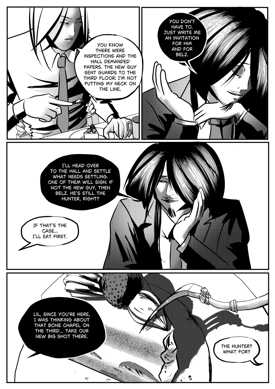 Visual Content and Narrative Context: A high-contrast black-and-white comic page from "The Invitation" where Mefisto and Lewian (Leiwian) discuss a strategic "invitation" to the Bone Chapel. Top Panels: Lewian mentions that "the new guy" is demanding papers and sending guards to the third floor, refusing to put his own neck on the line. Mefisto smiles, telling him he just needs an invitation written for the new guy and for Belz. Middle Panels: Mefisto explains he will head to the Hall to settle matters, noting that either the new guy or Belz—who is still the Hunter—will sign off. Lewian decides to finish his meal first. Bottom Panel: Mefisto speaks to Lil, suggesting she take the "new big shot" to the Bone Chapel on the third floor. Lil asks what the Hunter is needed for. Full Dialogue Transcription: Lewian (Top Left): "YOU KNOW THERE WERE INSPECTIONS AND THE HALL DEMANDED PAPERS. THE NEW GUY SENT GUARDS TO THE THIRD FLOOR; I'M NOT PUTTING MY NECK ON THE LINE." Mefisto (Top Right): "YOU DON'T HAVE TO. JUST WRITE ME AN INVITATION FOR HIM AND FOR BELZ." Mefisto (Middle Center): "I'LL HEAD OVER TO THE HALL AND SETTLE WHAT NEEDS SETTLING. ONE OF THEM WILL SIGN; IF NOT THE NEW GUY, THEN BELZ. HE'S STILL THE HUNTER, RIGHT?" Lewian (Middle Left): "IF THAT'S THE CASE... I'LL EAT FIRST." Mefisto (Bottom Left): "LIL, SINCE YOU'RE HERE, I WAS THINKING ABOUT THAT BONE CHAPEL ON THE THIRD... TAKE OUR NEW BIG SHOT THERE." Lil (Bottom Right): "THE HUNTER? WHAT FOR?"