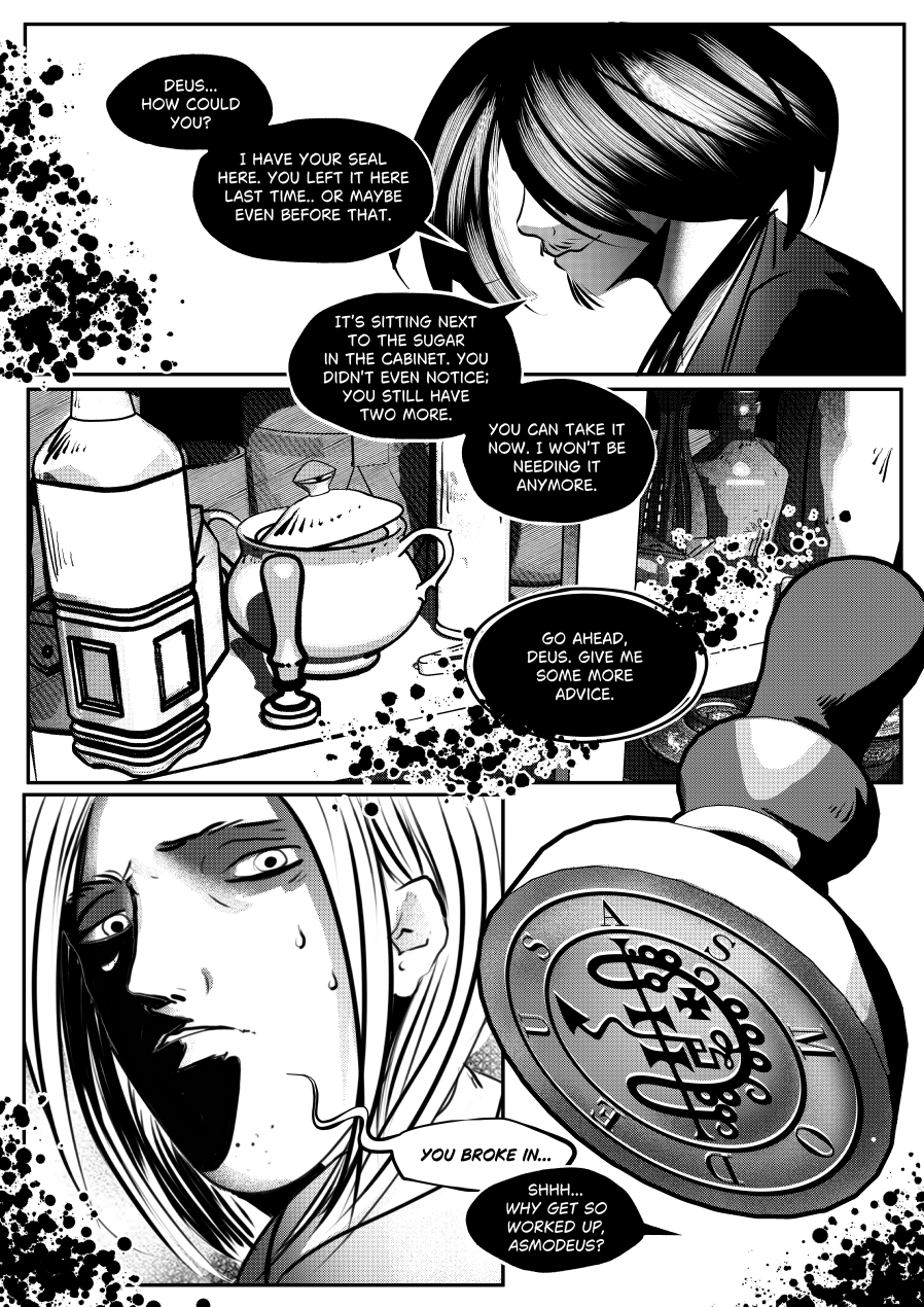 Visual Content and Narrative Context: A high-contrast black-and-white comic page from "The Invitation" featuring a major plot twist where the character previously identified as "Deus" is revealed to be Asmodeus. Top Panels: Mefisto smirks as he reveals he has a stolen seal, noting it was left behind near the sugar in a cabinet. Middle Panel: A shot of the open cabinet shows a stamp (seal) sitting next to kitchen supplies. Mefisto mockingly invites the Chancellor to give him "more advice". Bottom Panel: A close-up of the official's face shows him sweating and horrified, realize Mefisto broke into his private quarters. Key Detail: The final large panel shows the bottom of the seal, which clearly bears the name "ASMODEUS" circling a demonic sigil. Full Dialogue Transcription: Mefisto (Top Left): "DEUS... HOW COULD YOU? I HAVE YOUR SEAL HERE. YOU LEFT IT HERE LAST TIME.. OR MAYBE EVEN BEFORE THAT." Mefisto (Top Right): "IT'S SITTING NEXT TO THE SUGAR IN THE CABINET. YOU DIDN'T EVEN NOTICE; YOU STILL HAVE TWO MORE." Mefisto (Middle): "YOU CAN TAKE IT NOW. I WON'T BE NEEDING IT ANYMORE. GO AHEAD, DEUS. GIVE ME SOME MORE ADVICE." Asmodeus (Bottom Left): "YOU BROKE IN..." Mefisto (Bottom Right): "SHHH... WHY GET SO WORKED UP, ASMODEUS?"