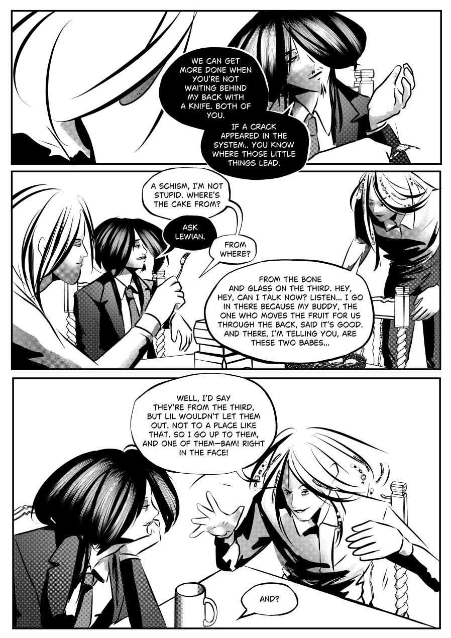 Visual Content and Narrative Context: A high-contrast black-and-white comic page from "The Invitation" featuring a transition from intense political blackmail to a casual, rowdy conversation. Top Panel: Mefisto (Black Eminence) leans back, warning both Asmodeus and Lilith that they can achieve more if they stop "waiting behind [his] back with a knife". Middle Panel: The scene shifts to a breakfast table where the atmosphere lightens; Asmodeus asks about the origin of the cake while Lewan (Lewian) begins an animated story. Bottom Panel: Lewan gestures wildly with his hands while telling a story about a buddy who "moves fruit" and meeting "two babes" at a place on "the third". Key Detail: Mefisto listens with a smirk, leaning his head on his hand as the tension of the previous scene dissipates into mundane banter. Full Dialogue Transcription: Mefisto (Top Left): "WE CAN GET MORE DONE WHEN YOU'RE NOT WAITING BEHIND MY BACK WITH A KNIFE. BOTH OF YOU." Mefisto (Top Right): "IF A CRACK APPEARED IN THE SYSTEM... YOU KNOW WHERE THOSE LITTLE THINGS LEAD." Asmodeus (Middle): "A SCHISM, I'M NOT STUPID. WHERE'S THE CAKE FROM?" Mefisto (Middle): "ASK LEWIAN." Asmodeus (Middle): "FROM WHERE?" Lewan (Middle Right): "FROM THE BONE AND GLASS ON THE THIRD. HEY, HEY, CAN I TALK NOW? LISTEN... I GO IN THERE BECAUSE MY BUDDY, THE ONE WHO MOVES THE FRUIT FOR US THROUGH THE BACK, SAID IT'S GOOD. AND THERE, I'M TELLING YOU, ARE THESE TWO BABES..." Lewan (Bottom Right): "WELL, I'D SAY THEY'RE FROM THE THIRD, BUT LIL WOULDN'T LET THEM OUT. NOT TO A PLACE LIKE THAT. SO I GO UP TO THEM, AND ONE OF THEM—BAM! RIGHT IN THE FACE!" Mefisto (Bottom): "AND?"