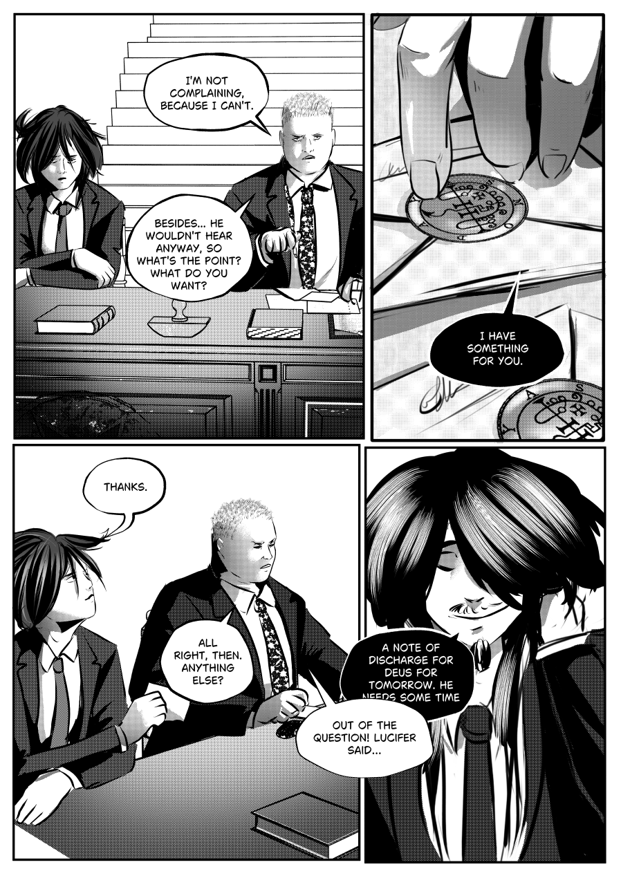 Visual Content and Narrative Context: A high-contrast black-and-white comic page from "The Invitation" depicting Mefisto manipulating Otto through forged administrative documents. Top Left Panel: Otto, a stout, bespectacled official, sits at a desk looking distressed, claiming he is not complaining because he "can't". Top Right Panel: A close-up of a hand placing the Asmodeus seal onto a document. Mefisto states, "I have something for you". Bottom Left Panel: Otto looks at Mefisto, who is off-panel, asking if there is "anything else". Bottom Right Panel: Mefisto smiles smugly while holding his head, presenting a "note of discharge" for Deus. Otto protests that it is "out of the question" because of what Lucifer said. Full Dialogue Transcription: Otto (Top Left): "I'M NOT COMPLAINING, BECAUSE I CAN'T. BESIDES... HE WOULDN'T HEAR ANYWAY, SO WHAT'S THE POINT? WHAT DO YOU WANT?" Mefisto (Top Right): "I HAVE SOMETHING FOR YOU." Otto (Bottom Left): "THANKS. ALL RIGHT, THEN. ANYTHING ELSE?" Mefisto (Bottom Right): "A NOTE OF DISCHARGE FOR DEUS FOR TOMORROW. HE NEEDS SOME TIME." Otto (Bottom Right): "OUT OF THE QUESTION! LUCIFER SAID..."